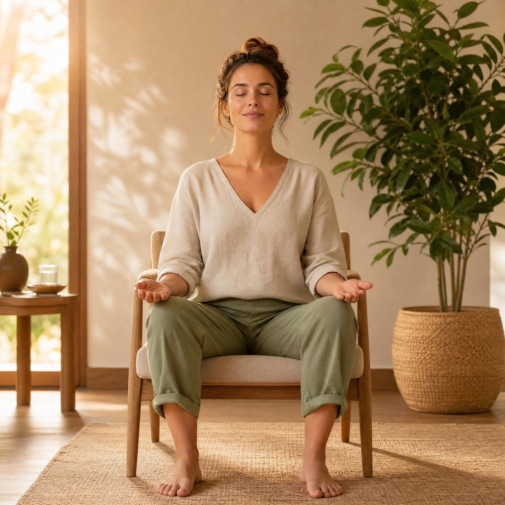 Femme assise en position d'ancrage, pieds à plat sur le sol, mains ouvertes sur les genoux, lumière dorée douce, fond naturel avec plante verte, ambiance sérénité et stabilité intérieure