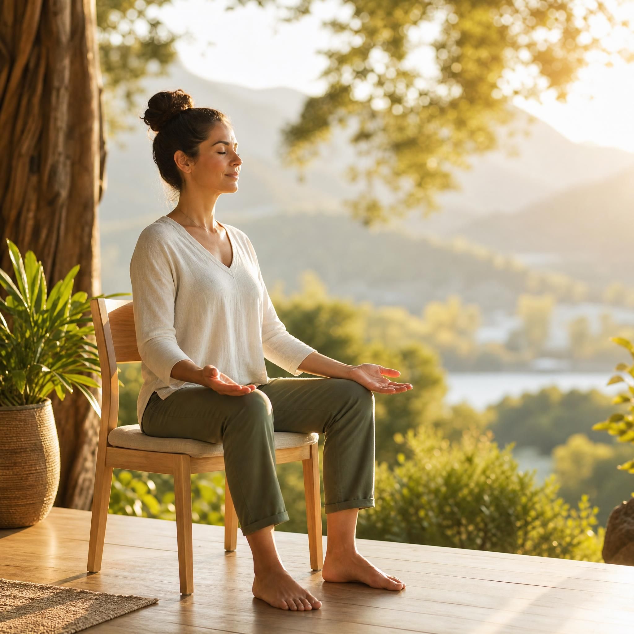 Femme assise en position d'ancrage, pieds à plat sur le sol, dos droit, mains ouvertes sur les genoux, regard paisible et intérieur, dans un espace naturel lumineux avec lumière dorée, symbolisant l'enracinement et la stabilité intérieure