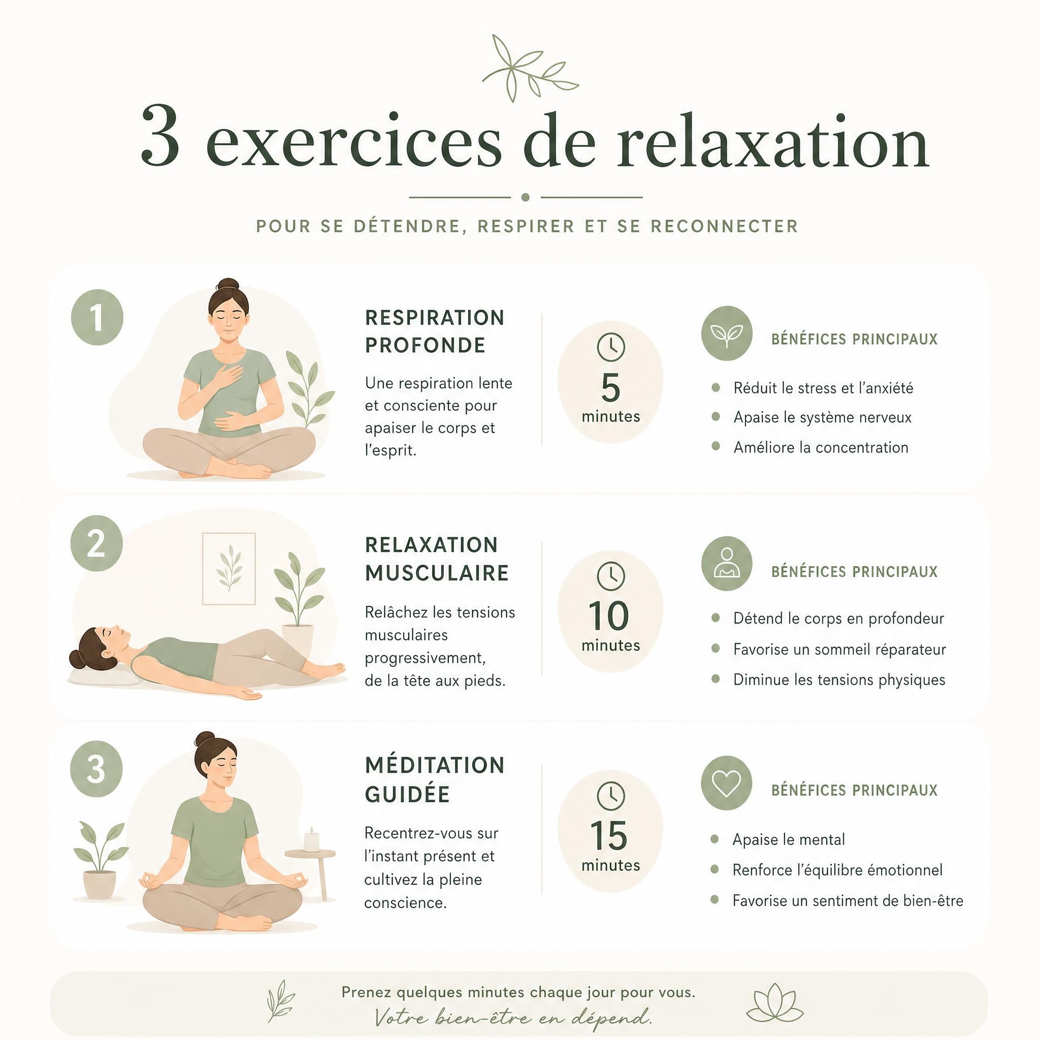 Infographie épurée sur fond blanc cassé illustrant les 3 exercices de relaxation avec leurs durées et bénéfices principaux, style minimaliste bien-être, tons beige et vert doux