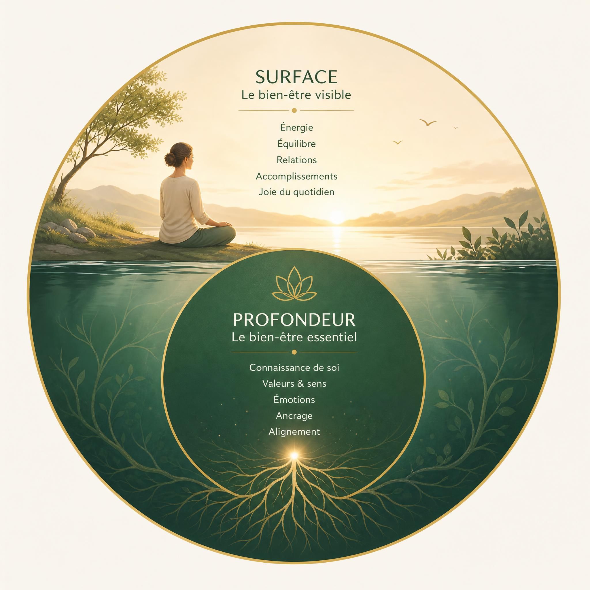 Illustration symbolique d'un continuum bien-être : surface et profondeur, deux cercles concentriques harmonieux, tons doux dorés et verts, style graphique épuré et bienveillant