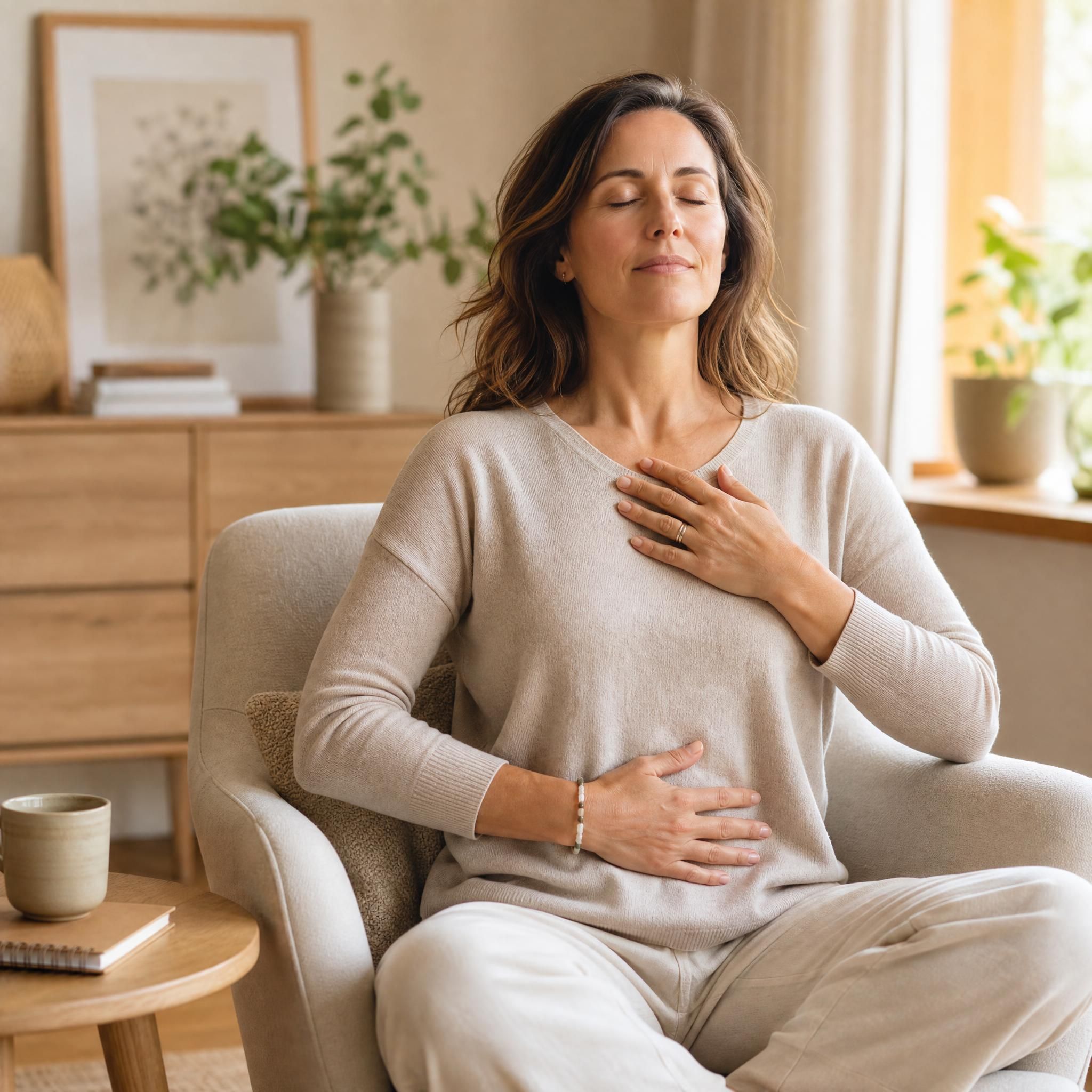 Femme d'environ 40 ans, yeux fermés, visage serein, assise dans un fauteuil chaleureux, pratiquant un exercice de respiration profonde dans un espace aux tons beige et bois clair, lumière naturelle douce