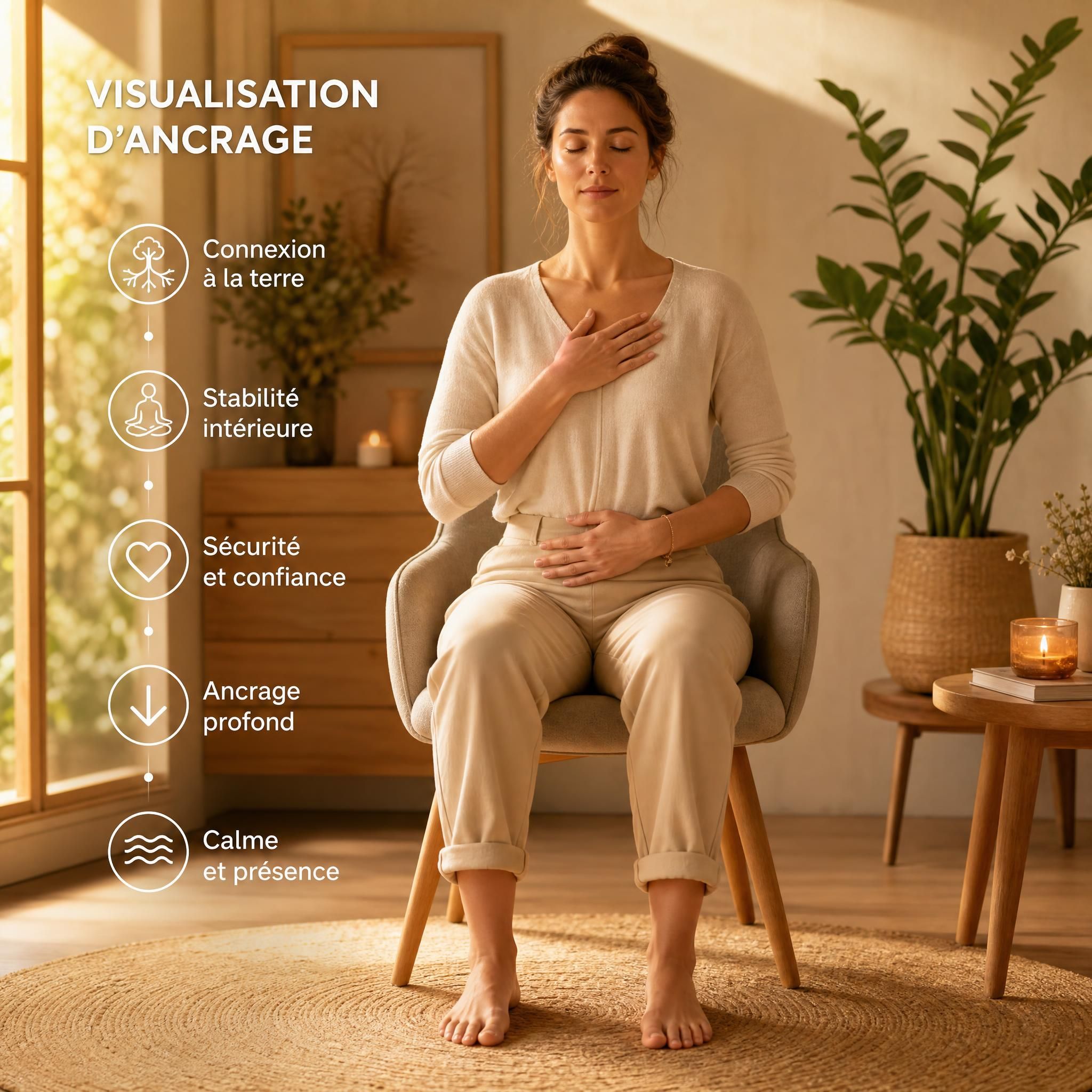Femme pratiquant une visualisation d'ancrage, assise les pieds au sol, expression sereine et concentrée, lumière dorée douce, espace intérieur chaleureux aux tons naturels