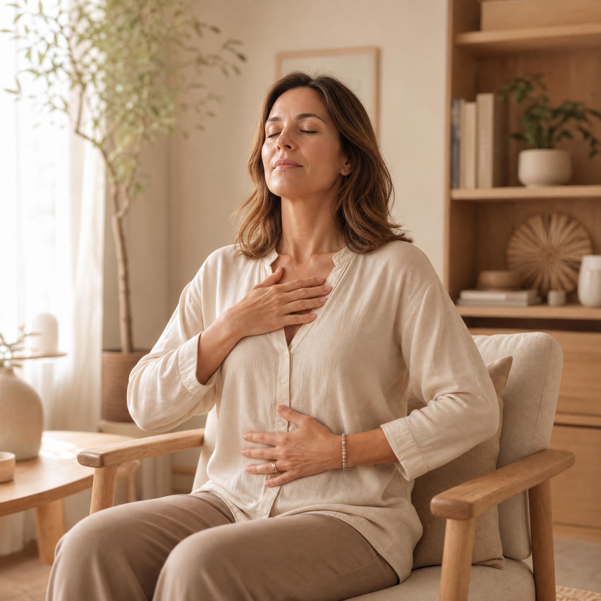 Femme d'environ 40 ans, yeux fermés, visage serein, assise dans un fauteuil confortable, pratiquant un exercice de respiration profonde dans un espace chaleureux aux tons beige et bois clair, lumière naturelle douce
