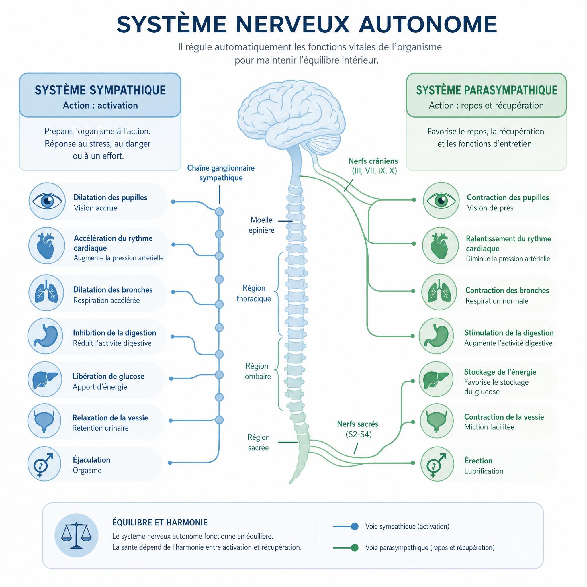 Illustration schématique du système nerveux autonome avec les branches sympathique et parasympathique, tons bleu et vert apaisants, style infographique épuré