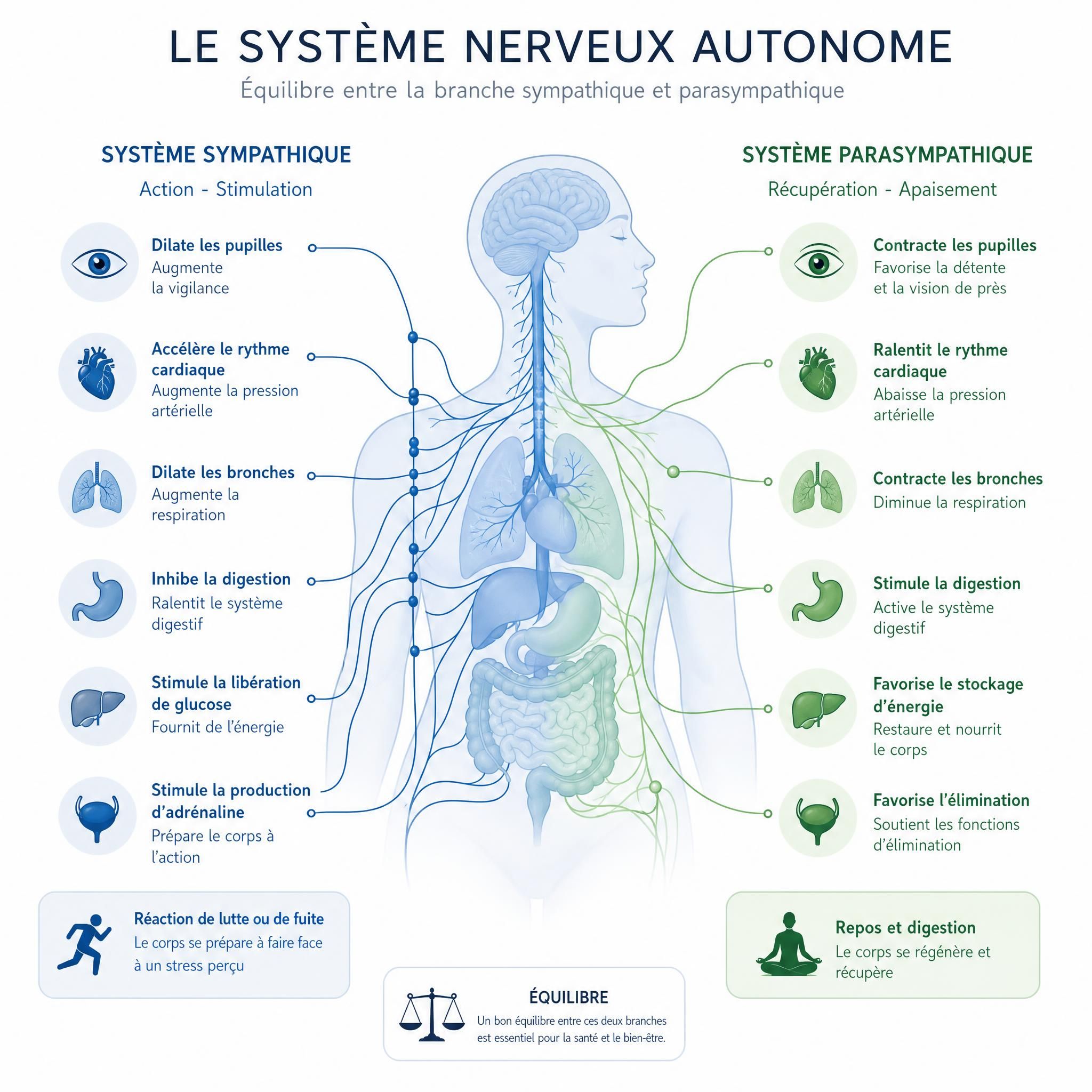 Illustration scientifique apaisante montrant le système nerveux autonome avec les branches sympathique et parasympathique, style infographie douce aux tons bleus et verts, fond blanc épuré