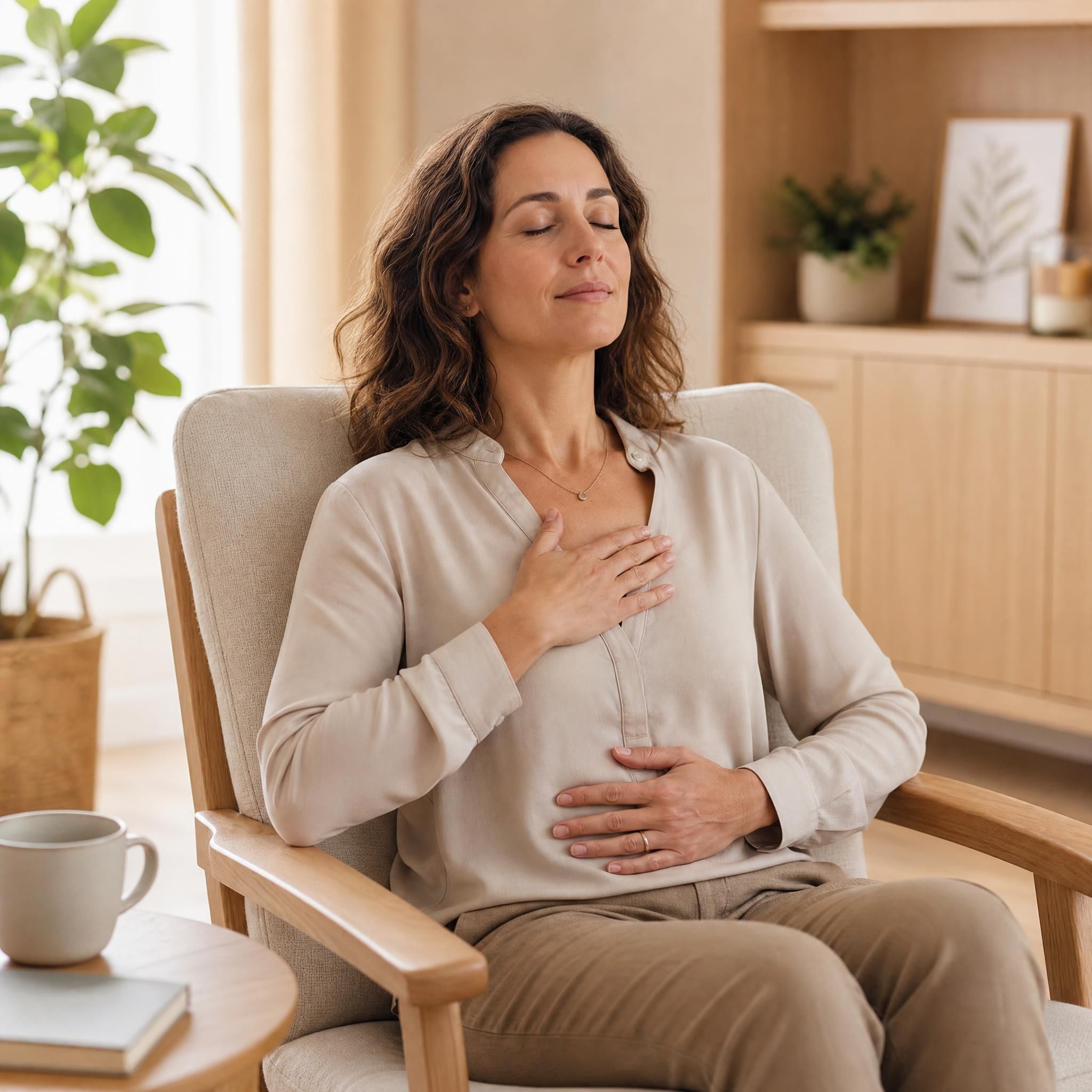 Femme d'environ 40 ans, yeux fermés, visage serein, assise dans un fauteuil confortable, pratiquant un exercice de respiration profonde dans un espace intérieur chaleureux aux tons beige et bois clair, lumière naturelle douce