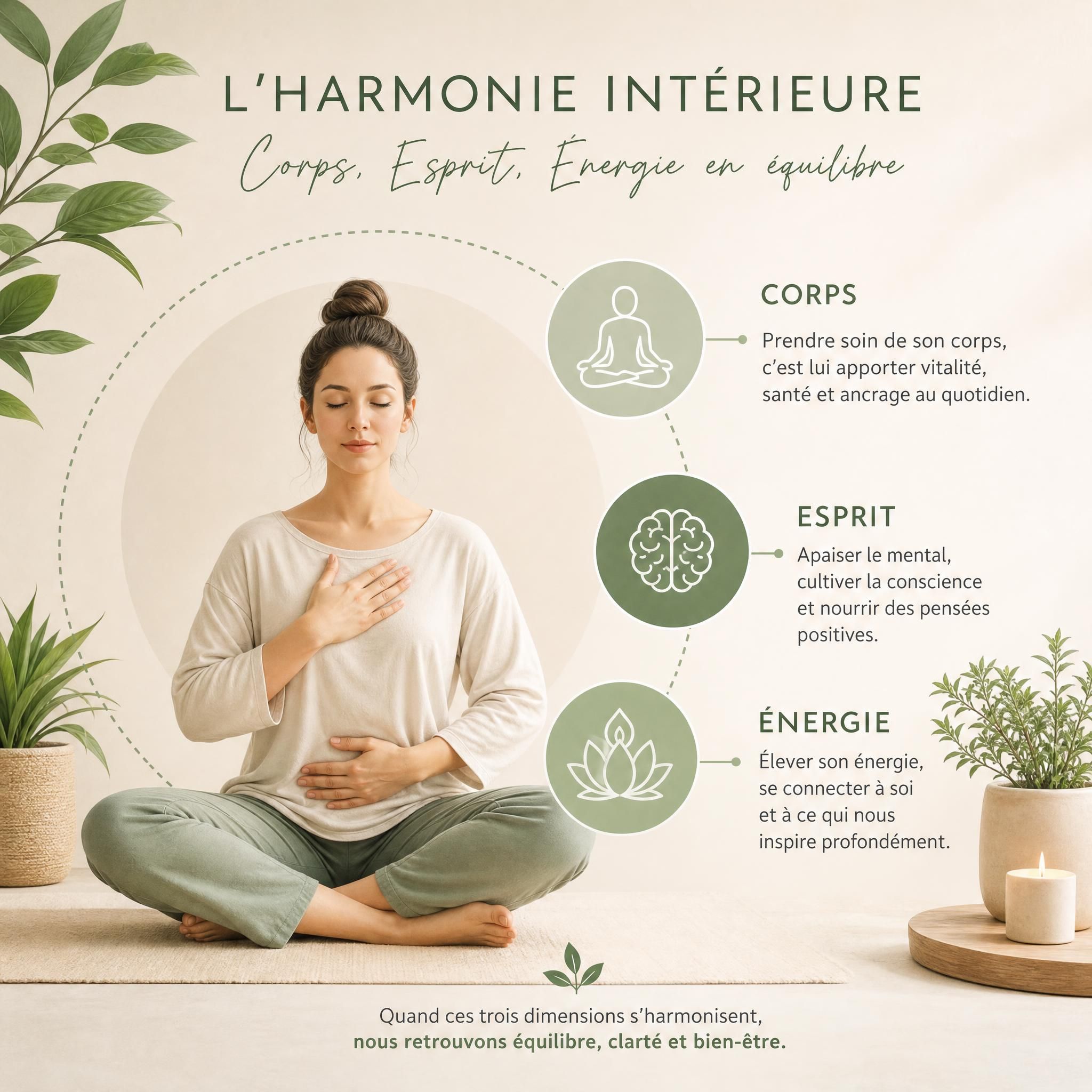 Illustration apaisante montrant les trois niveaux corps-esprit-énergie en équilibre, tons doux beige et vert naturel, style épuré et bienveillant