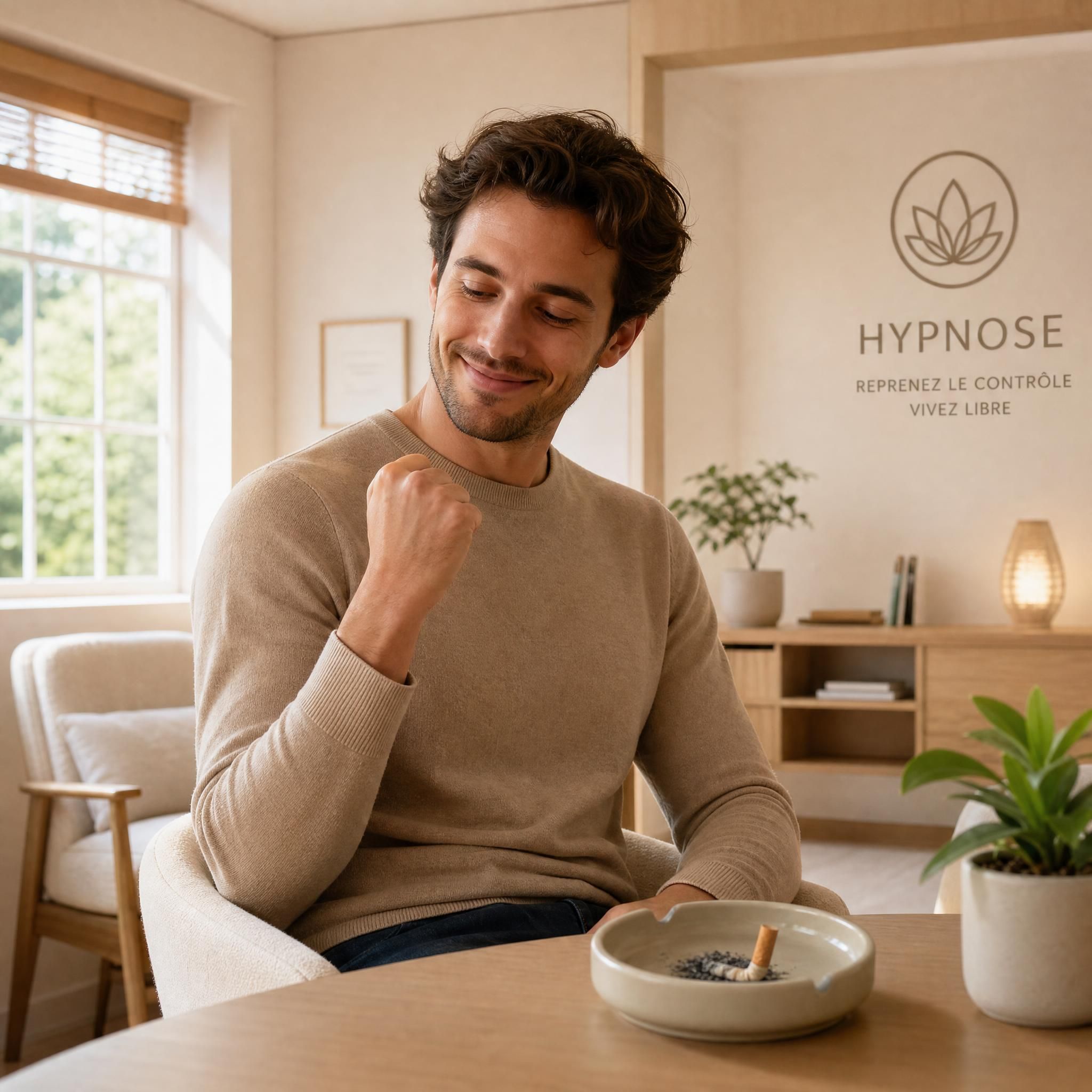 Homme souriant qui regarde une cigarette écrasée dans un cendrier, expression de liberté et de fierté, cabinet d'hypnose moderne aux tons doux beige et bois clair, lumière naturelle apaisante, format horizontal 16:9