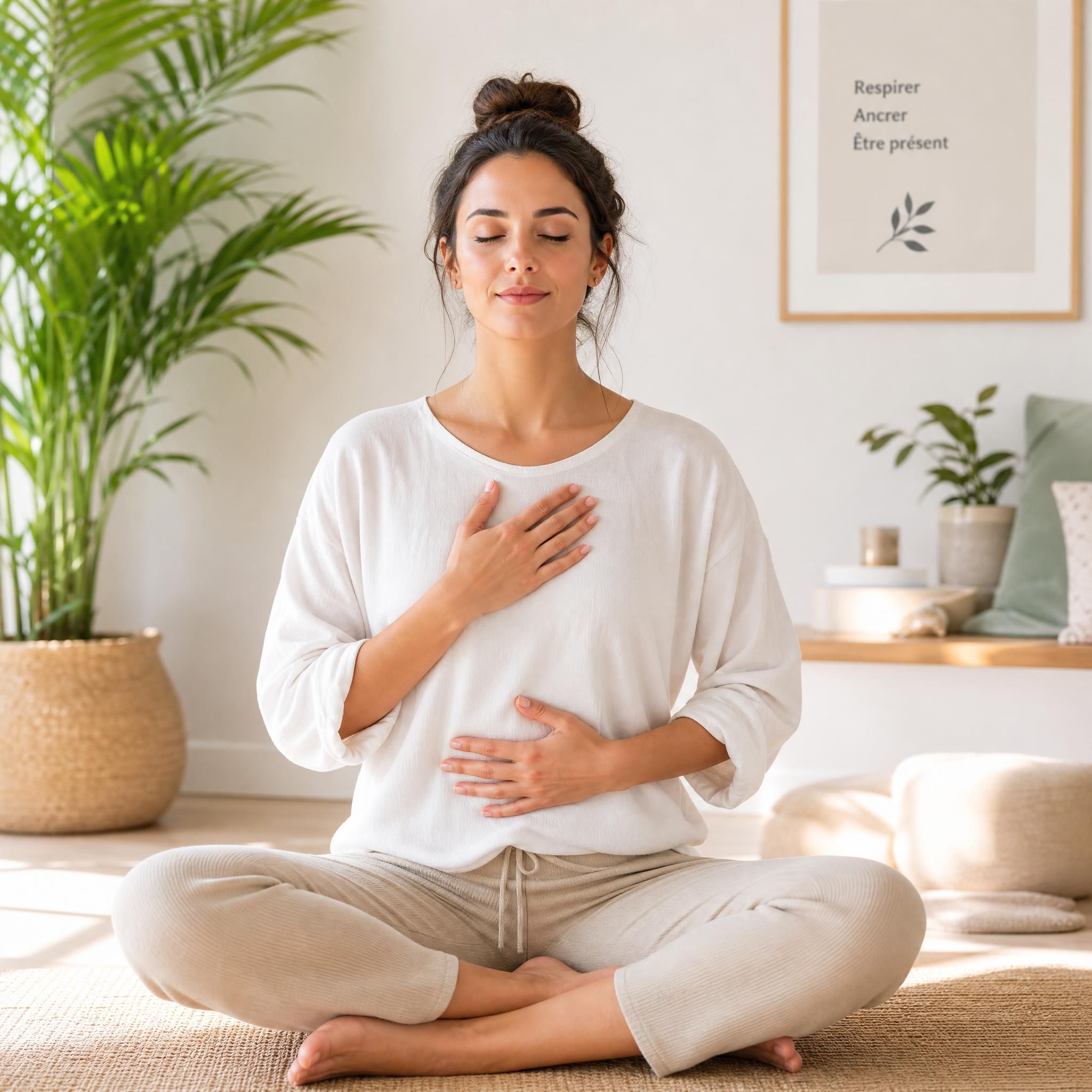 Femme pratiquant un exercice de respiration et d'ancrage corporel, assise confortablement dans un espace calme et lumineux, posture détendue et expression sereine, plan moyen