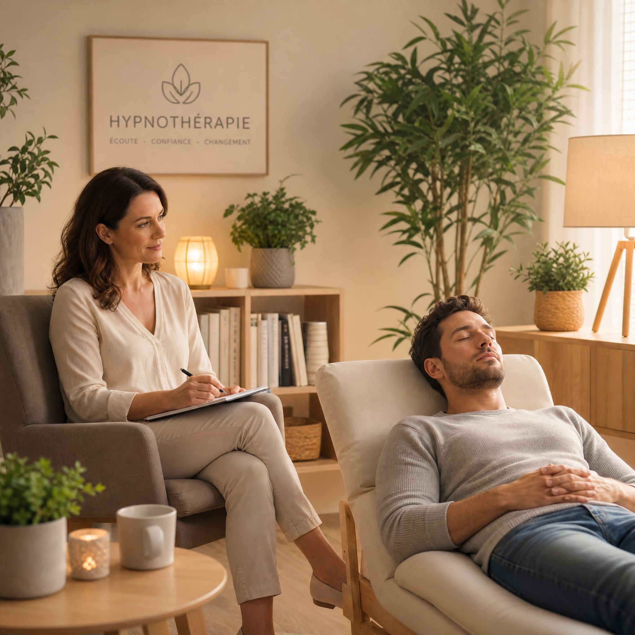 Hypnothérapeute et patient en séance dans un cabinet chaleureux, ambiance bienveillante, lumière douce, plantes vertes, tons beige et bois, plan moyen, format horizontal 16:9