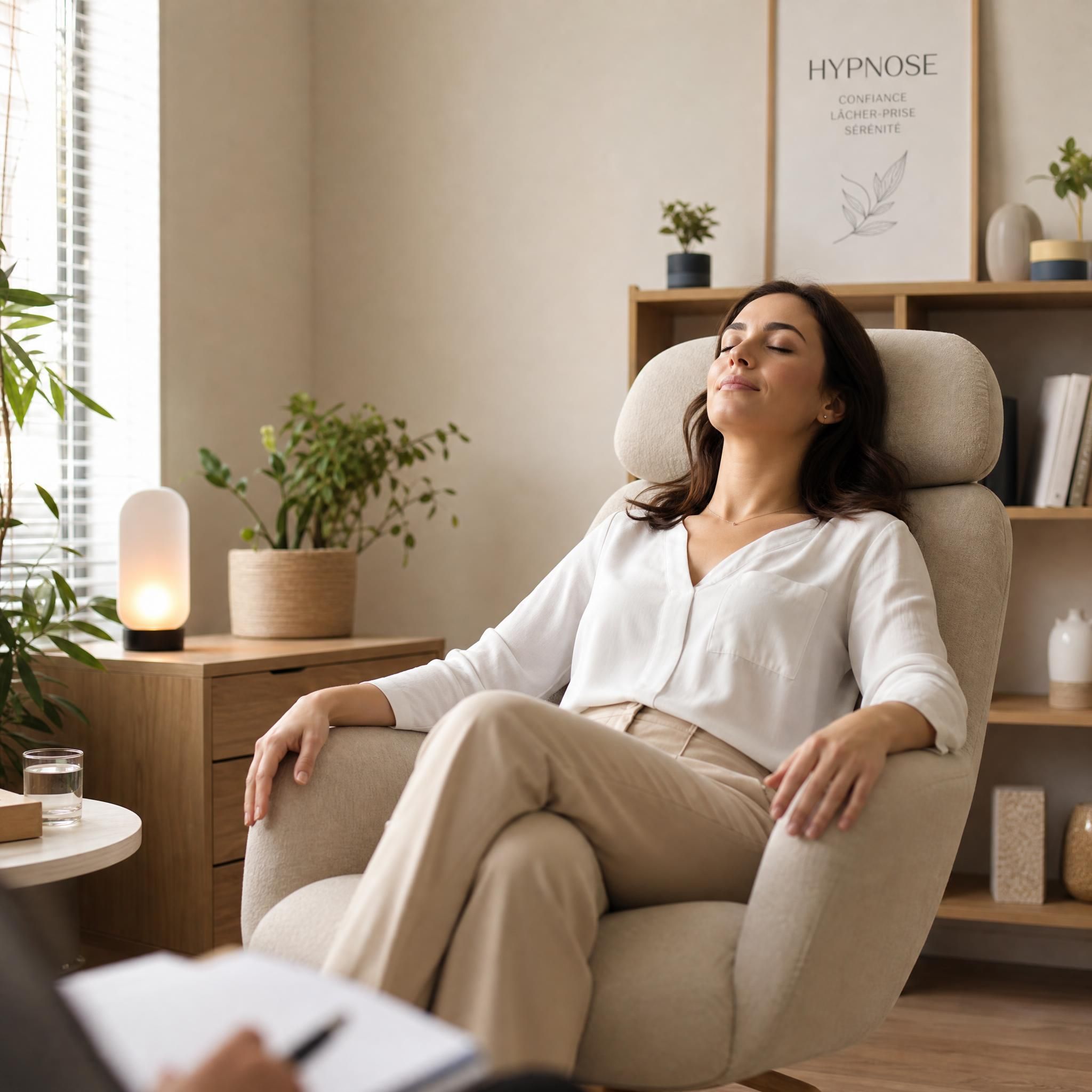 Femme sereine assise dans un fauteuil confortable d'un cabinet d'hypnose moderne, yeux mi-clos, expression de lâcher-prise, lumière naturelle douce, tons beige et bois clair, format horizontal 16:9