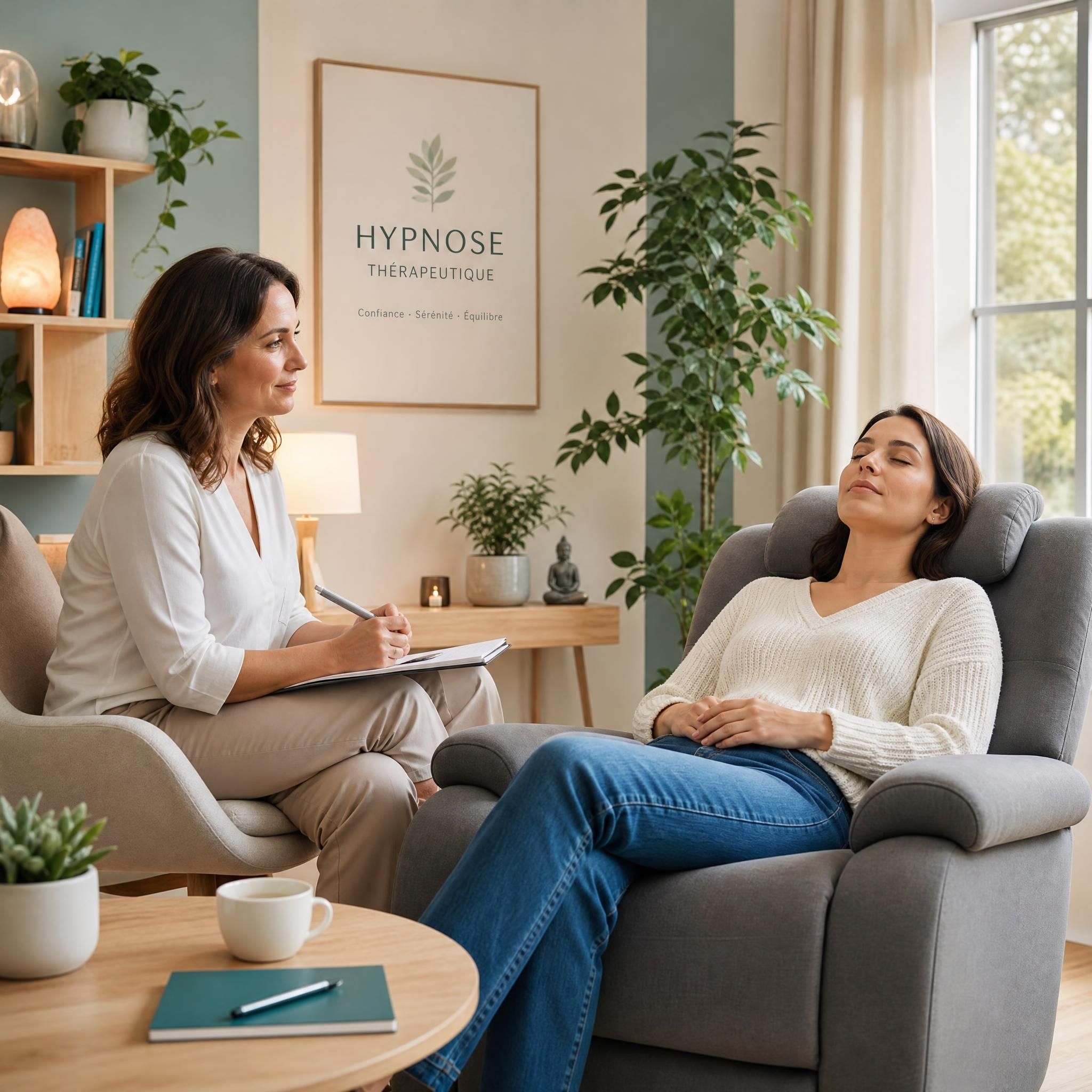 Vue d'une séance d'hypnose thérapeutique dans un cabinet moderne et chaleureux, praticienne bienveillante accompagnant une cliente détendue dans un fauteuil confortable, lumière douce et apaisante