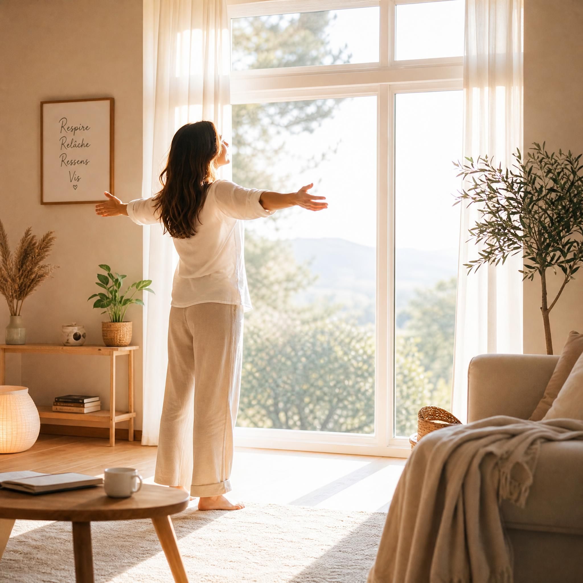 Femme debout face à une fenêtre lumineuse dans un intérieur chaleureux, posture ouverte et détendue, expression de paix intérieure retrouvée, lumière naturelle baignant la scène, plan large, tons doux beige et blanc