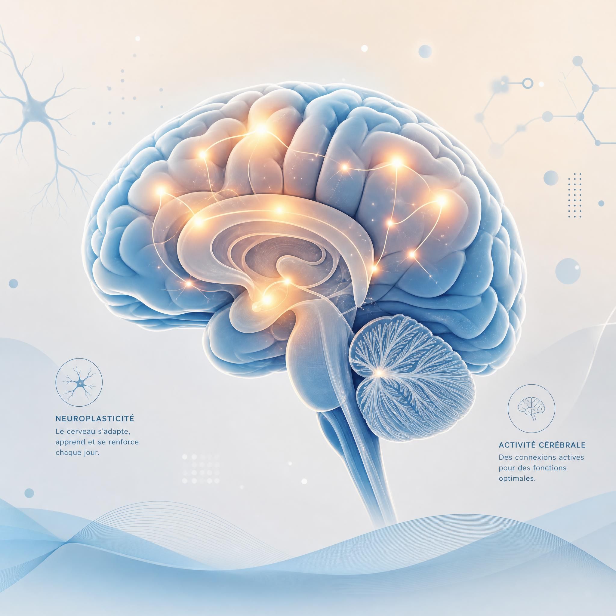 Illustration apaisante d'un cerveau humain stylisé avec des zones lumineuses activées, ambiance scientifique douce, tons bleu clair et beige, format horizontal 16:9