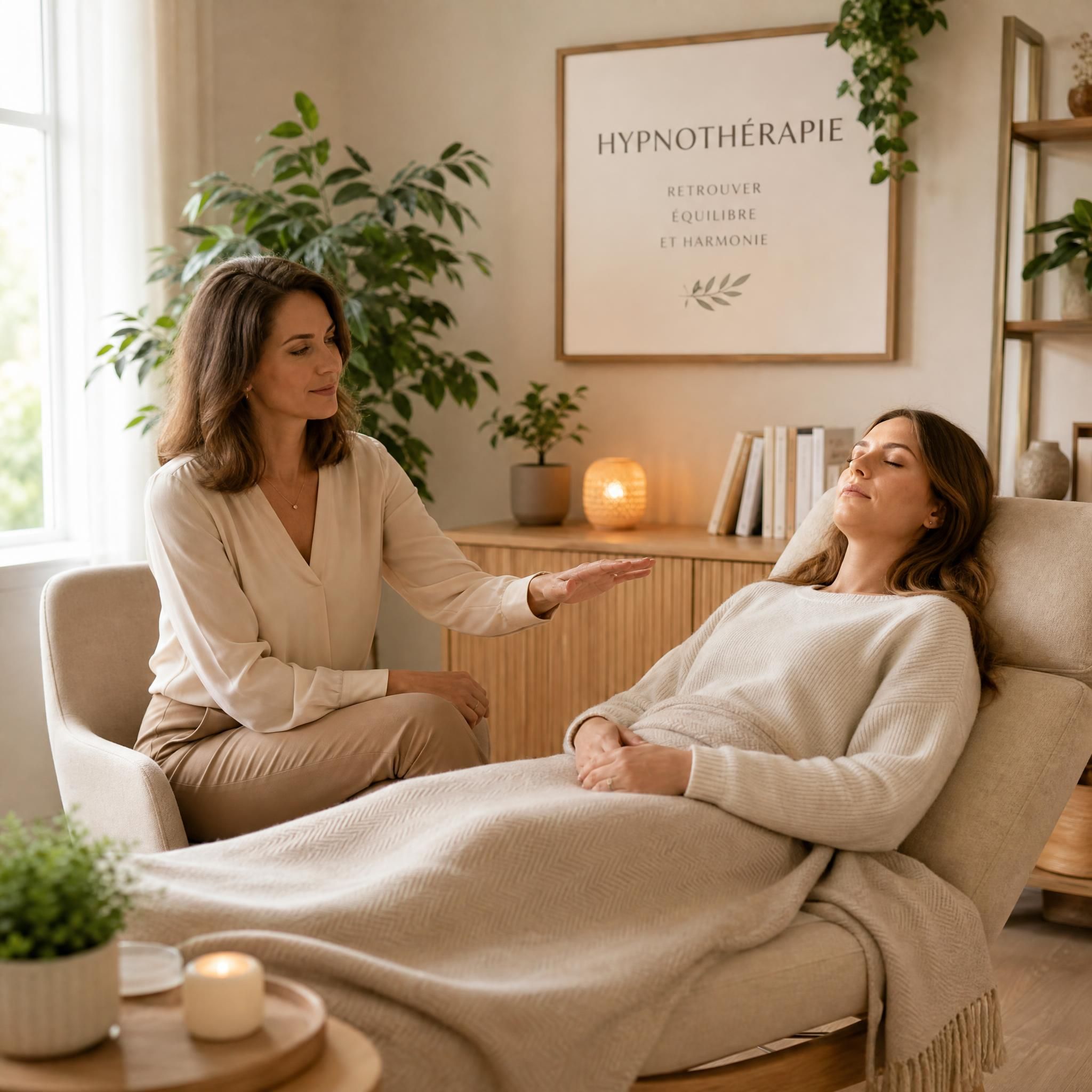 Hypnothérapeute professionnelle dans un cabinet chaleureux aux tons beige et bois clair, accompagnant une cliente en état de relaxation profonde, lumière naturelle apaisante, plantes vertes en arrière-plan