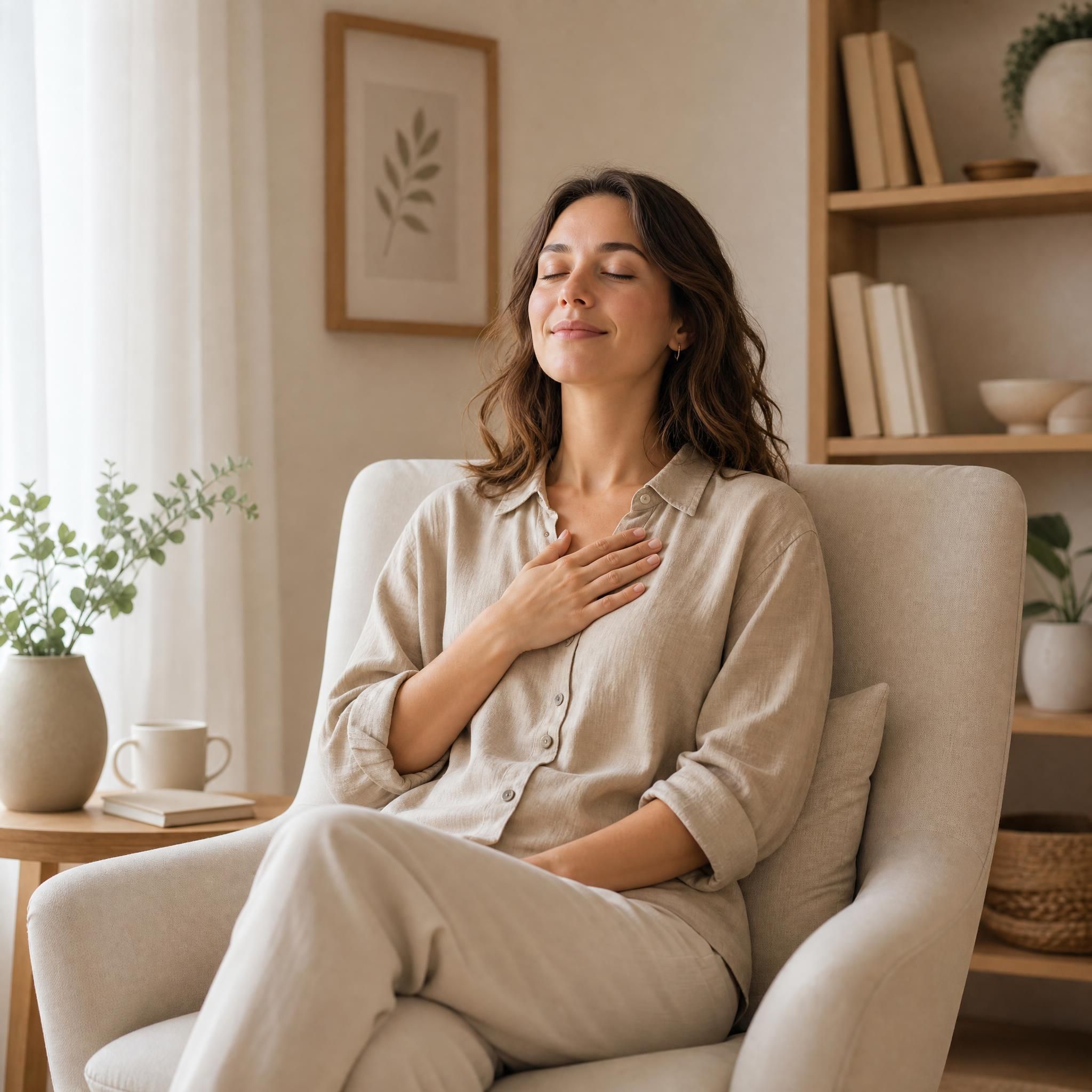Femme assise en position détendue dans un fauteuil confortable, main posée sur le cœur, yeux fermés, expression sereine, lumière naturelle douce, tons beige et bois clair, plan moyen