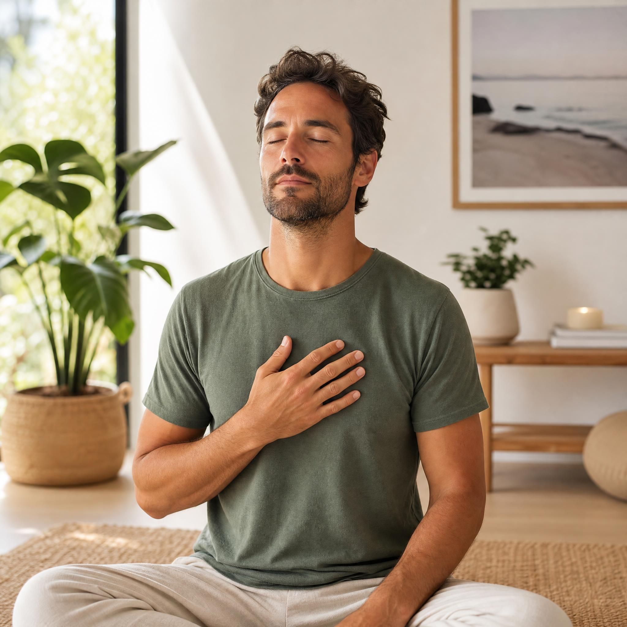 Homme en train de pratiquer une respiration consciente, yeux fermés, main posée sur la poitrine, dans un espace calme et lumineux, ambiance de bien-être et de sérénité, format horizontal 16:9