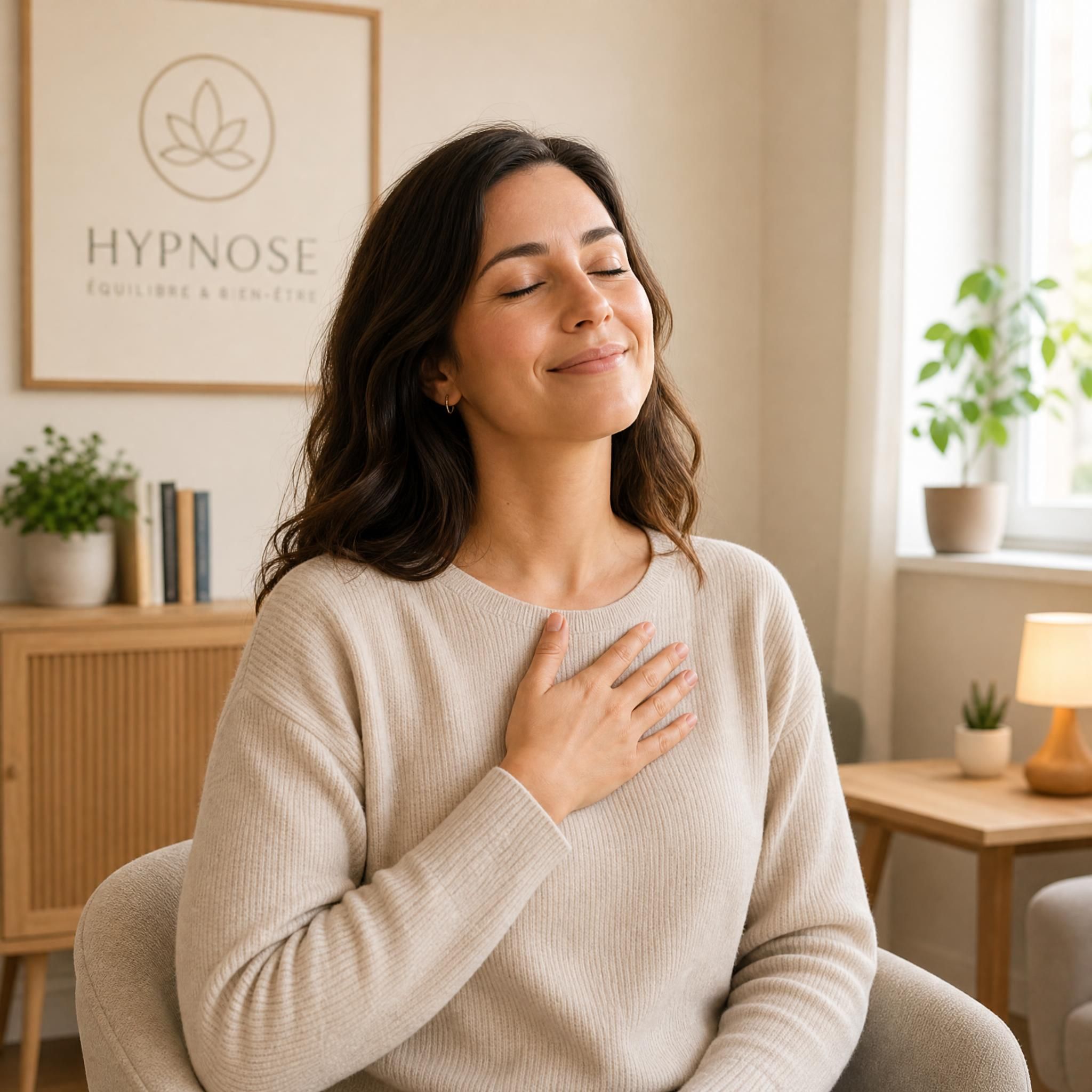 Femme d'une trentaine d'années sereine qui pose la main sur sa poitrine, yeux mi-clos, expression de soulagement profond, cabinet d'hypnose moderne aux tons beige et bois clair, lumière naturelle douce