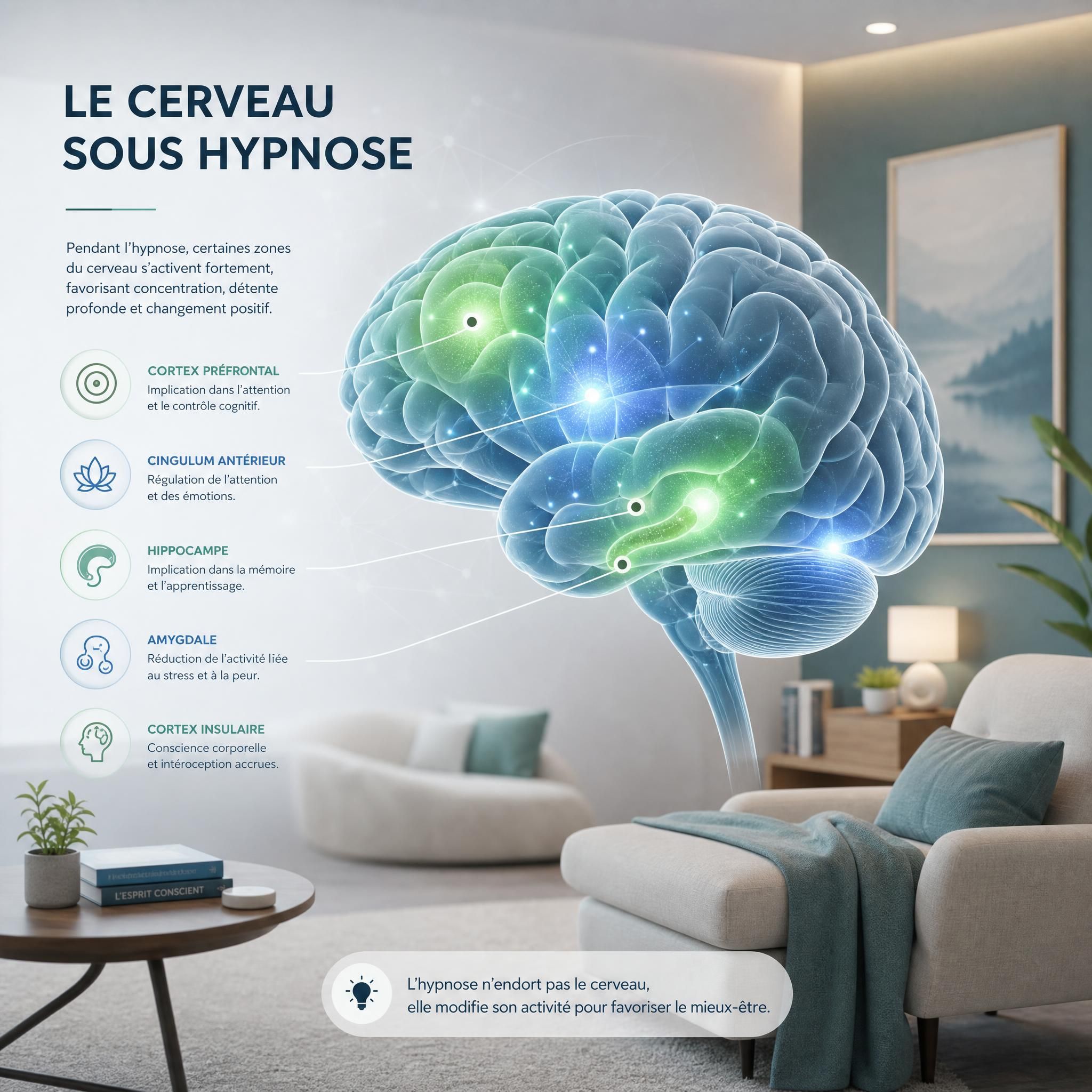 Illustration scientifique stylisée d'un cerveau avec des zones lumineuses activées pendant l'hypnose, tons doux bleu-vert, ambiance cabinet médical moderne et chaleureux, format horizontal 16:9