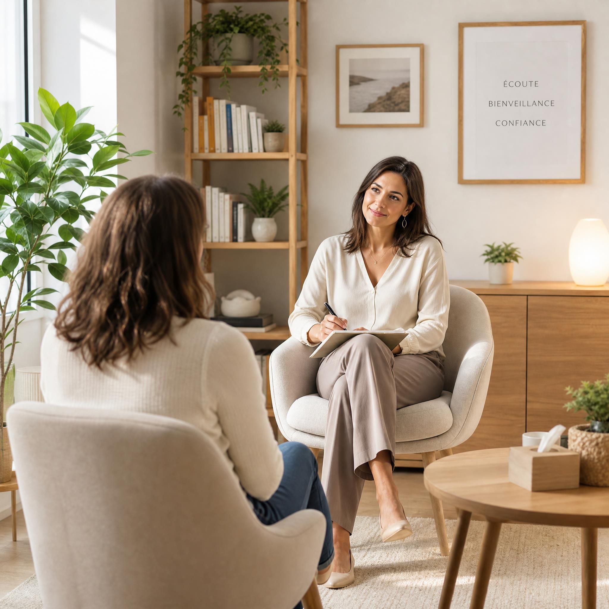 Hypnothérapeute professionnelle en cabinet moderne et chaleureux, assise face à une patiente, posture ouverte et bienveillante, lumière naturelle douce, plantes vertes en arrière-plan, tons beige et bois clair, plan large