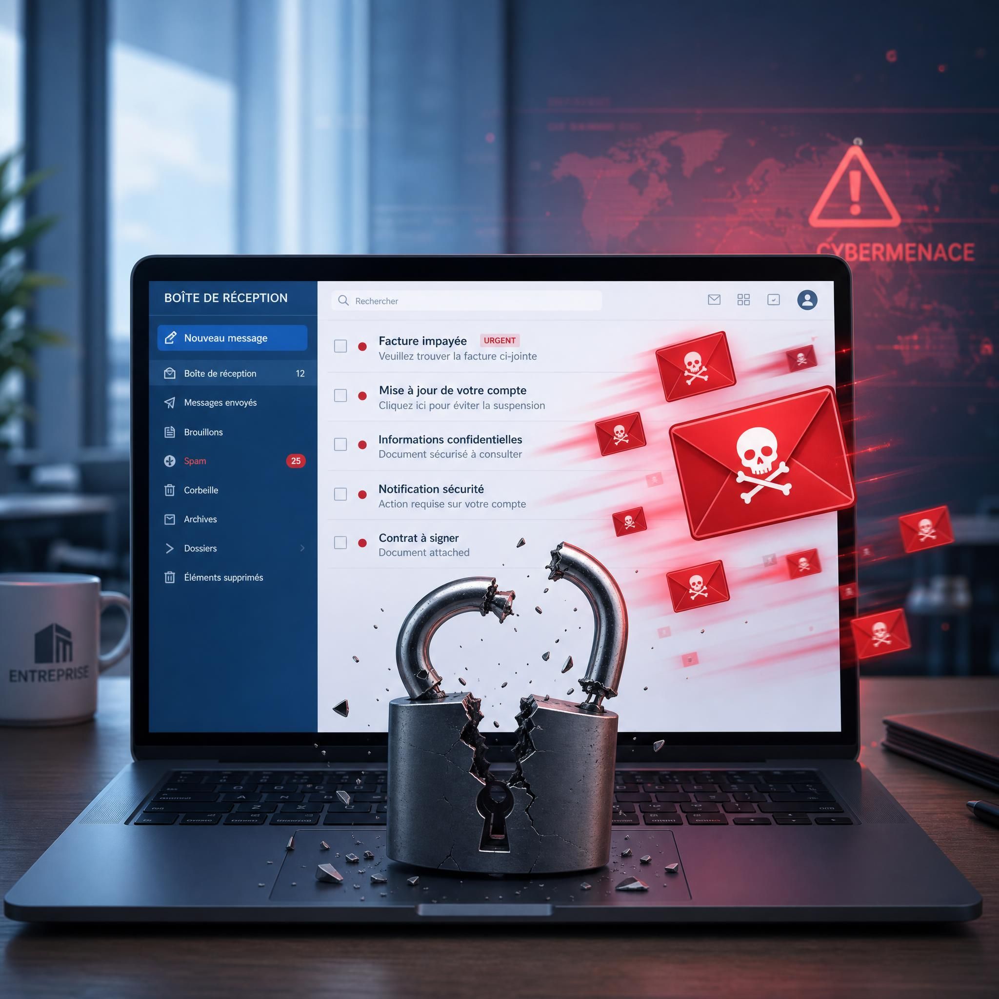 Boîte mail professionnelle sous cybermenace — cadenas brisé sur fond d'écran d'ordinateur avec emails malveillants, illustration de la vulnérabilité des messageries d'entreprise