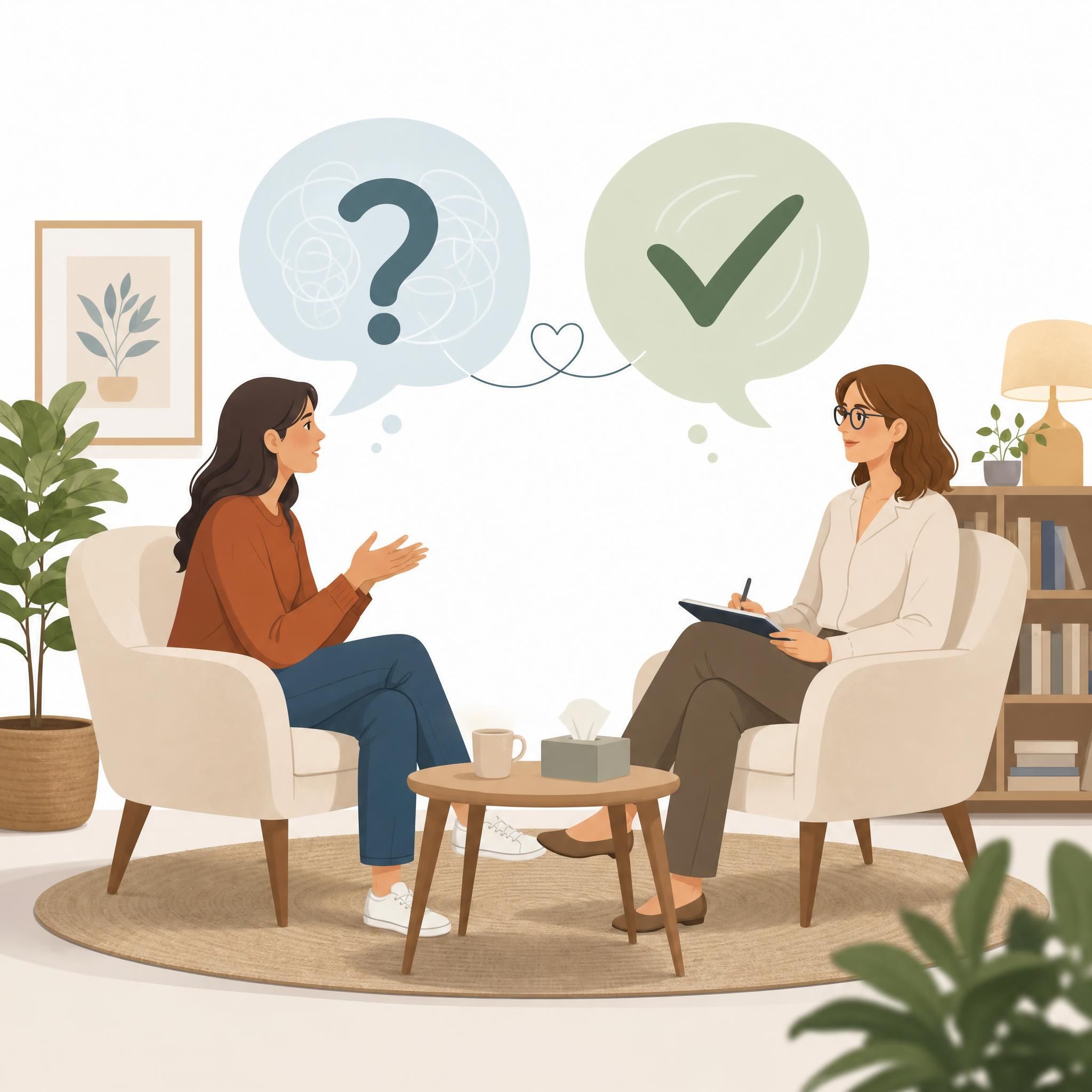 Illustration symbolique représentant des questions et réponses, dialogue bienveillant entre thérapeute et patient