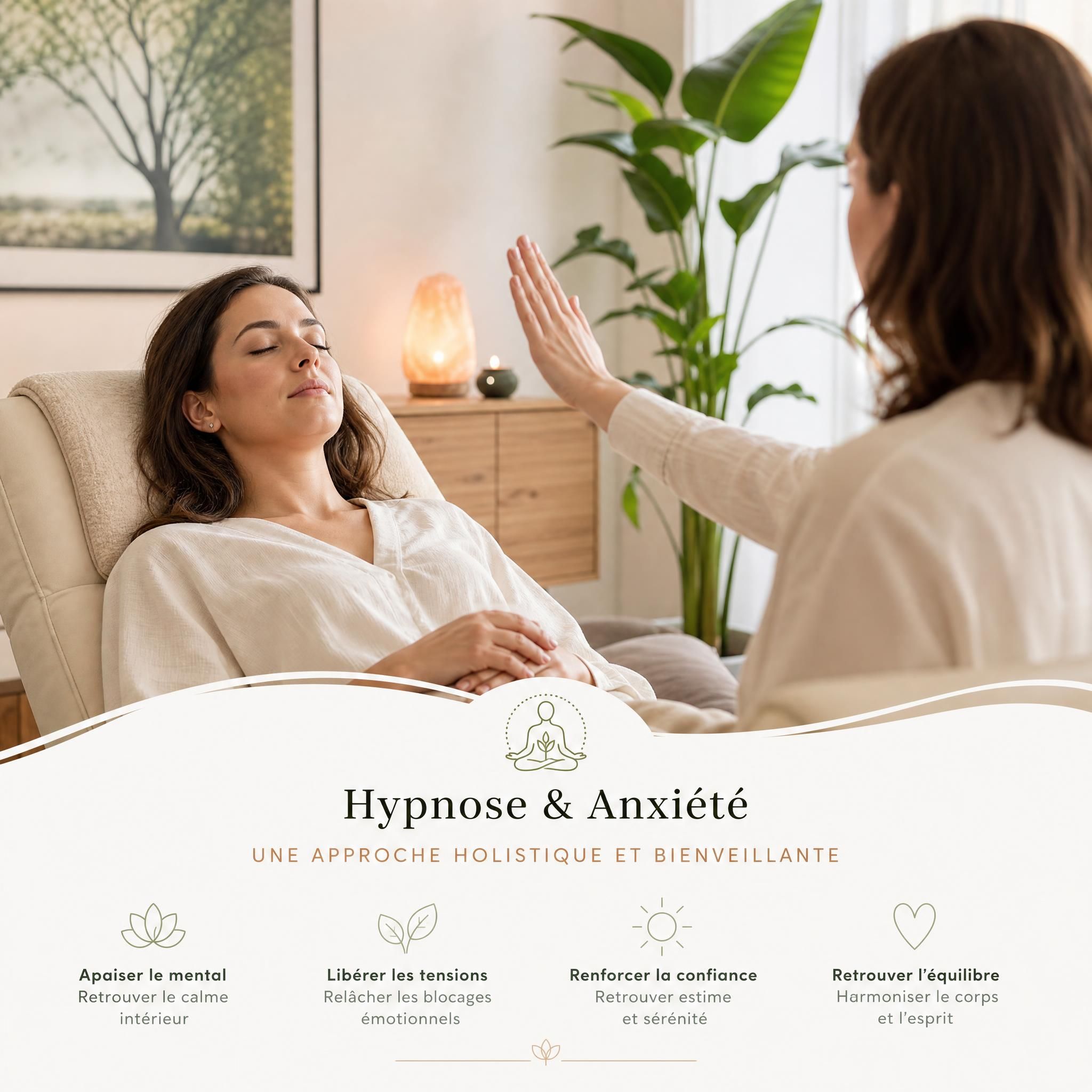 Femme en séance d'hypnose thérapeutique, yeux fermés, dans un espace lumineux et apaisant — hypnose anxiété approche holistique