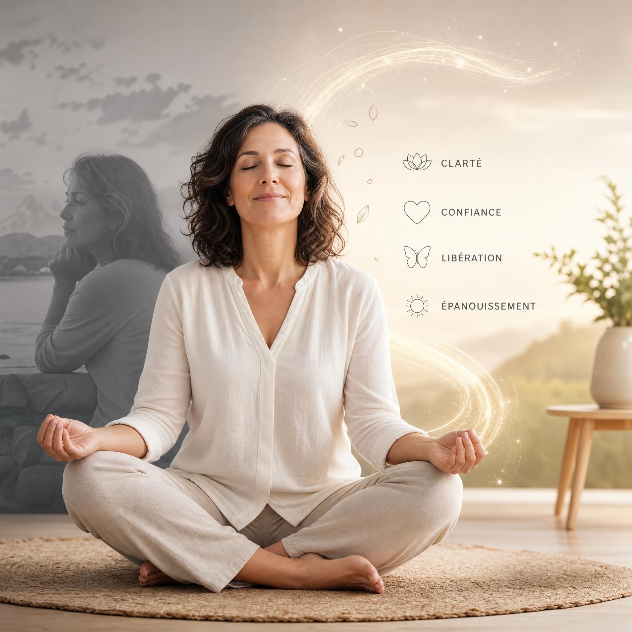 Femme d'âge mûr en position de méditation, regard apaisé, symbolisant la transformation intérieure après un accompagnement en hypnose
