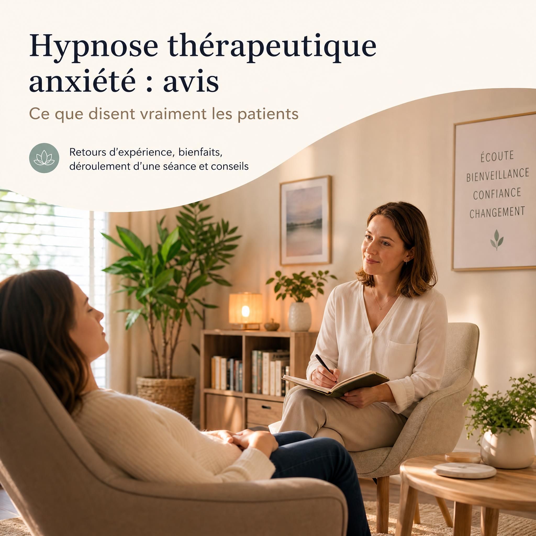 Thérapeute et patient en séance, espace chaleureux et bienveillant, lumière douce — hypnose thérapeutique anxiété avis