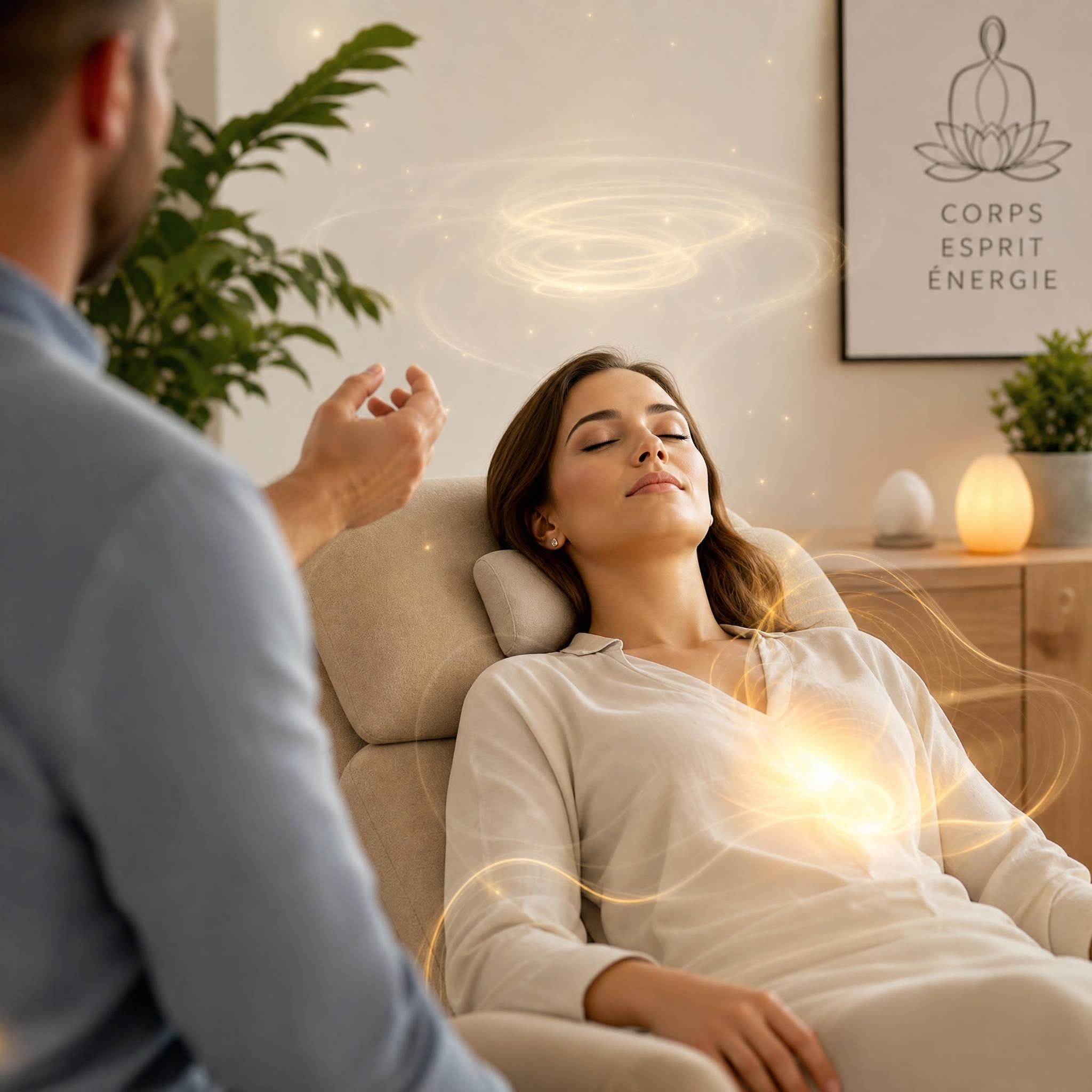 Femme en séance d'hypnose thérapeutique, regard apaisé, lumière douce, ambiance corps-esprit-énergie