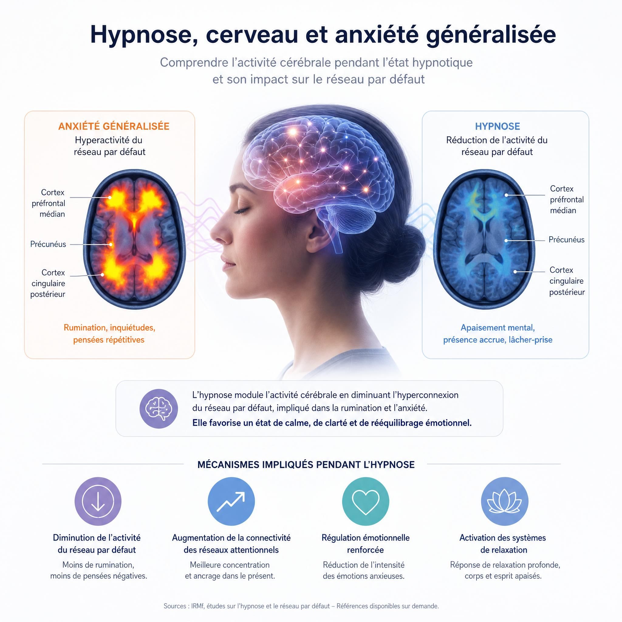 Illustration cerveau et neurosciences hypnose — activité cérébrale pendant état hypnotique, réseau par défaut, anxiété généralisée