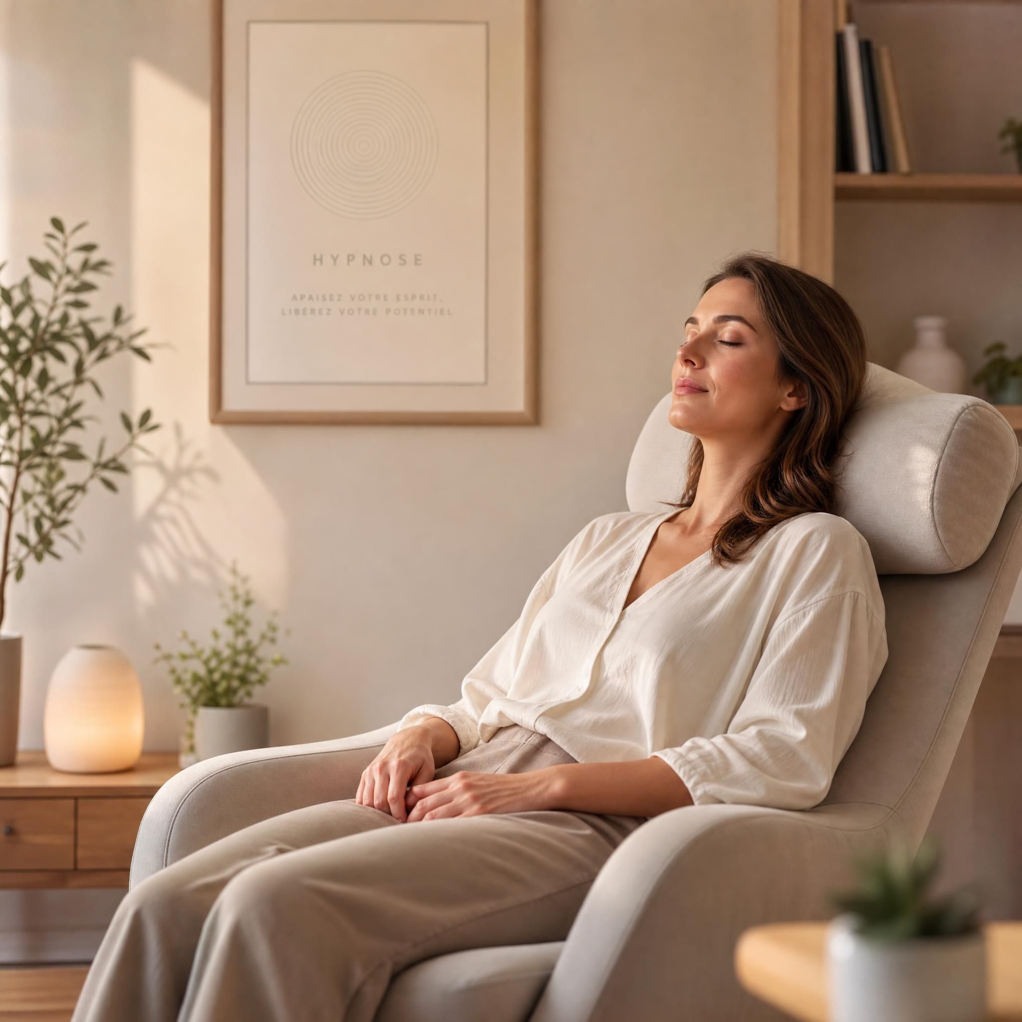 femme assise en position détendue les yeux fermés, lumière douce, ambiance apaisante hypnose anxiété