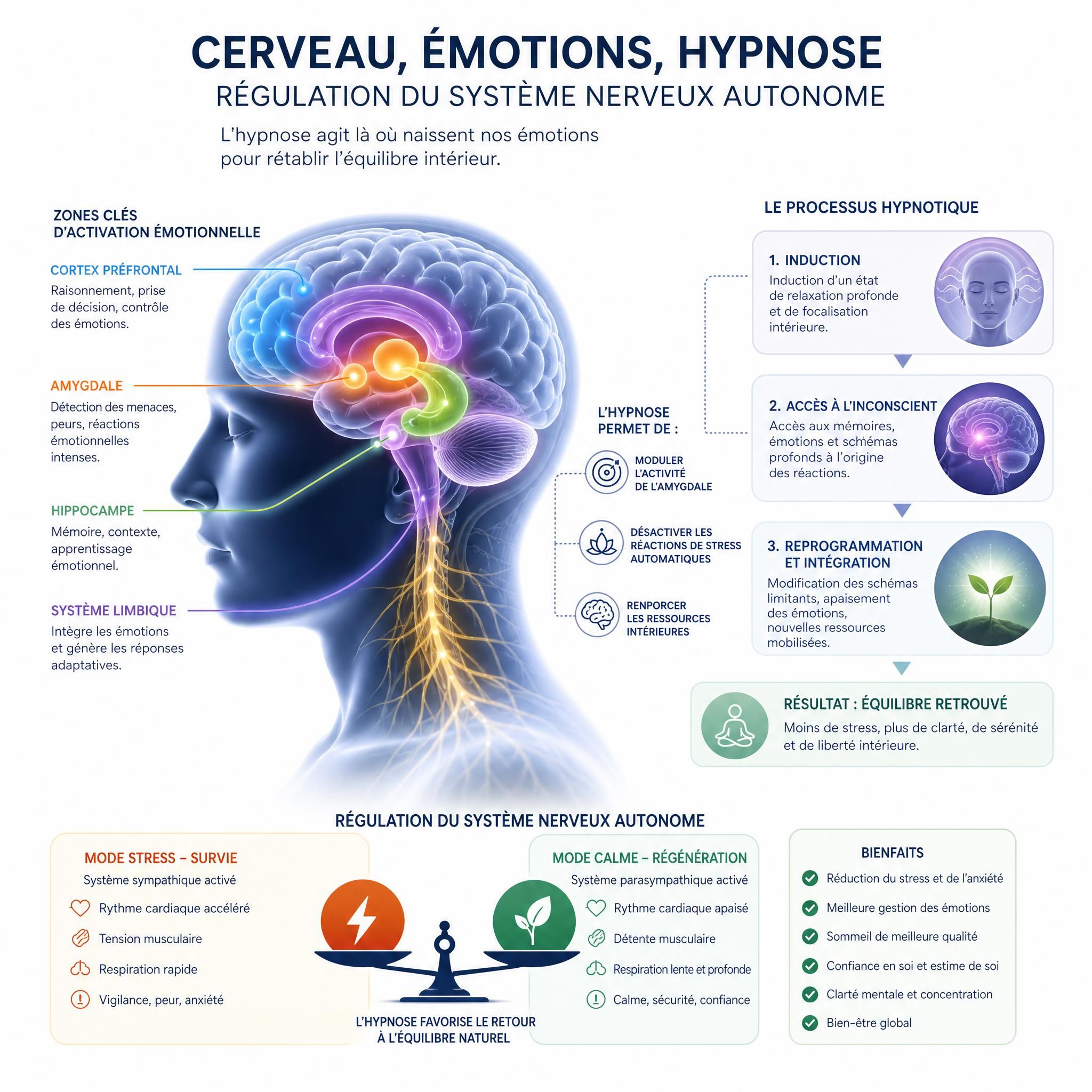 Représentation visuelle du cerveau avec zones d'activation émotionnelle, hypnose et régulation du système nerveux autonome