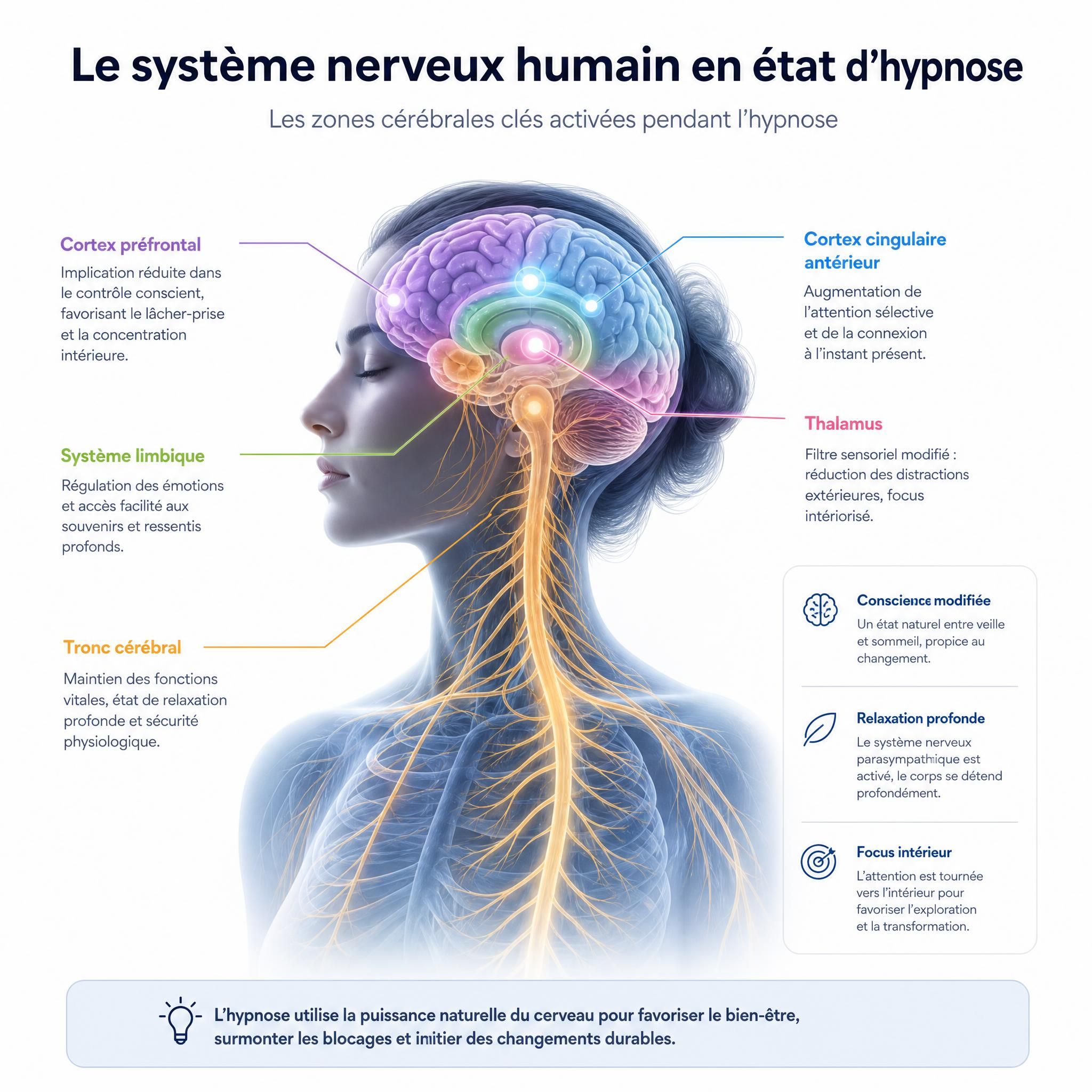 Illustration du système nerveux humain avec zones cérébrales actives en hypnose, style médical doux et moderne