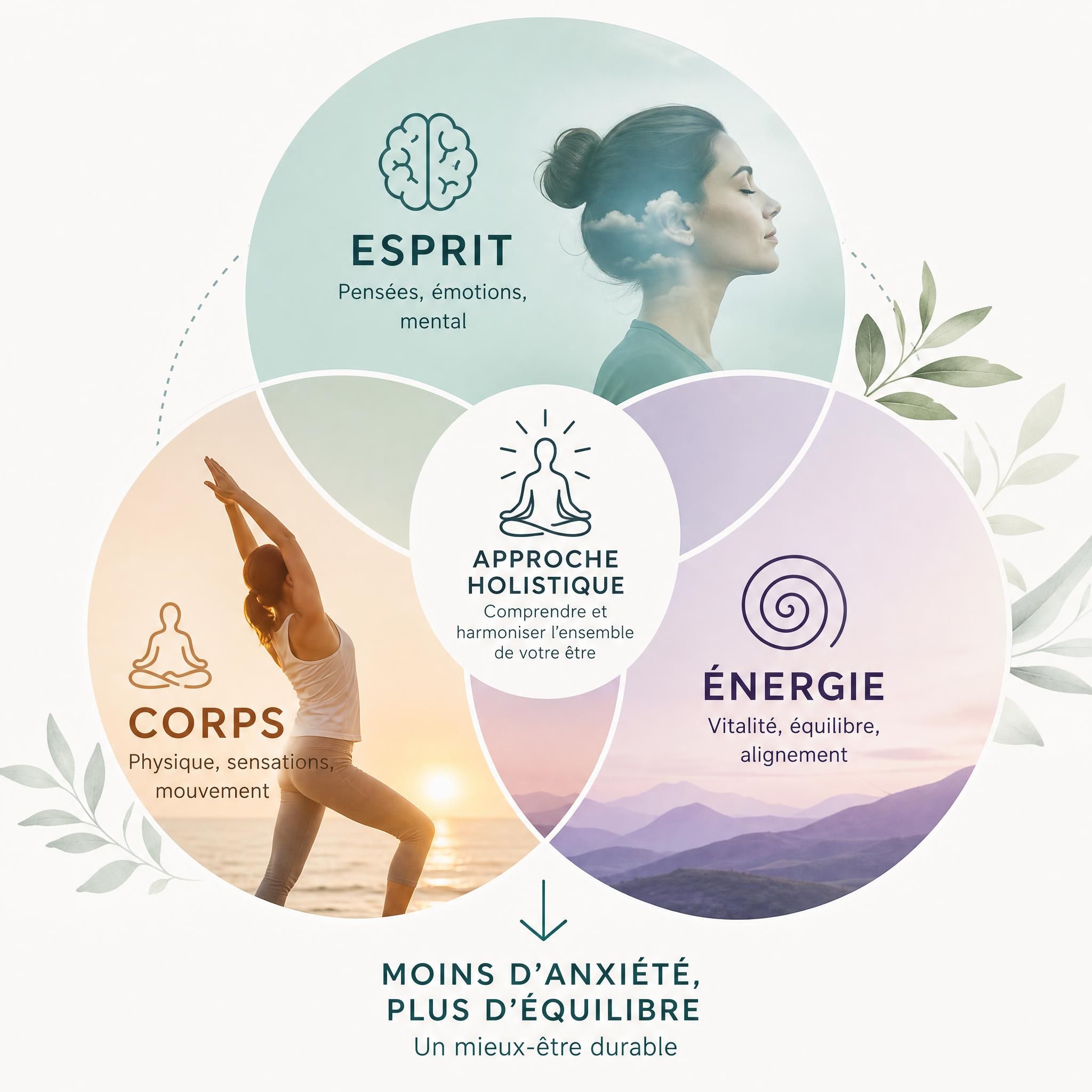 illustration symbolique des trois dimensions corps esprit énergie, cercles interconnectés, approche holistique anxiété