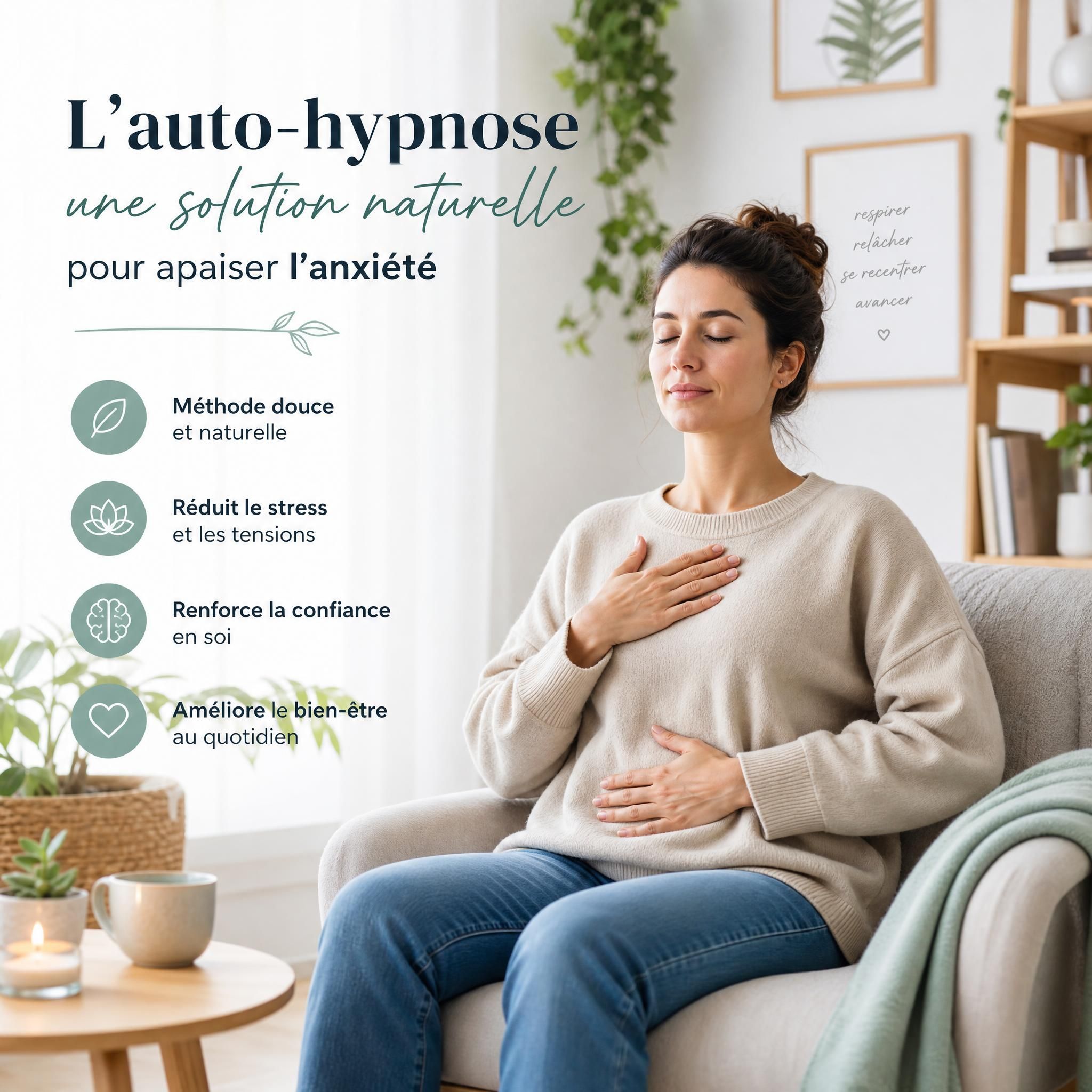 femme pratiquant l'auto-hypnose à la maison, position assise détendue, environnement calme et lumineux, solution naturelle anxiété