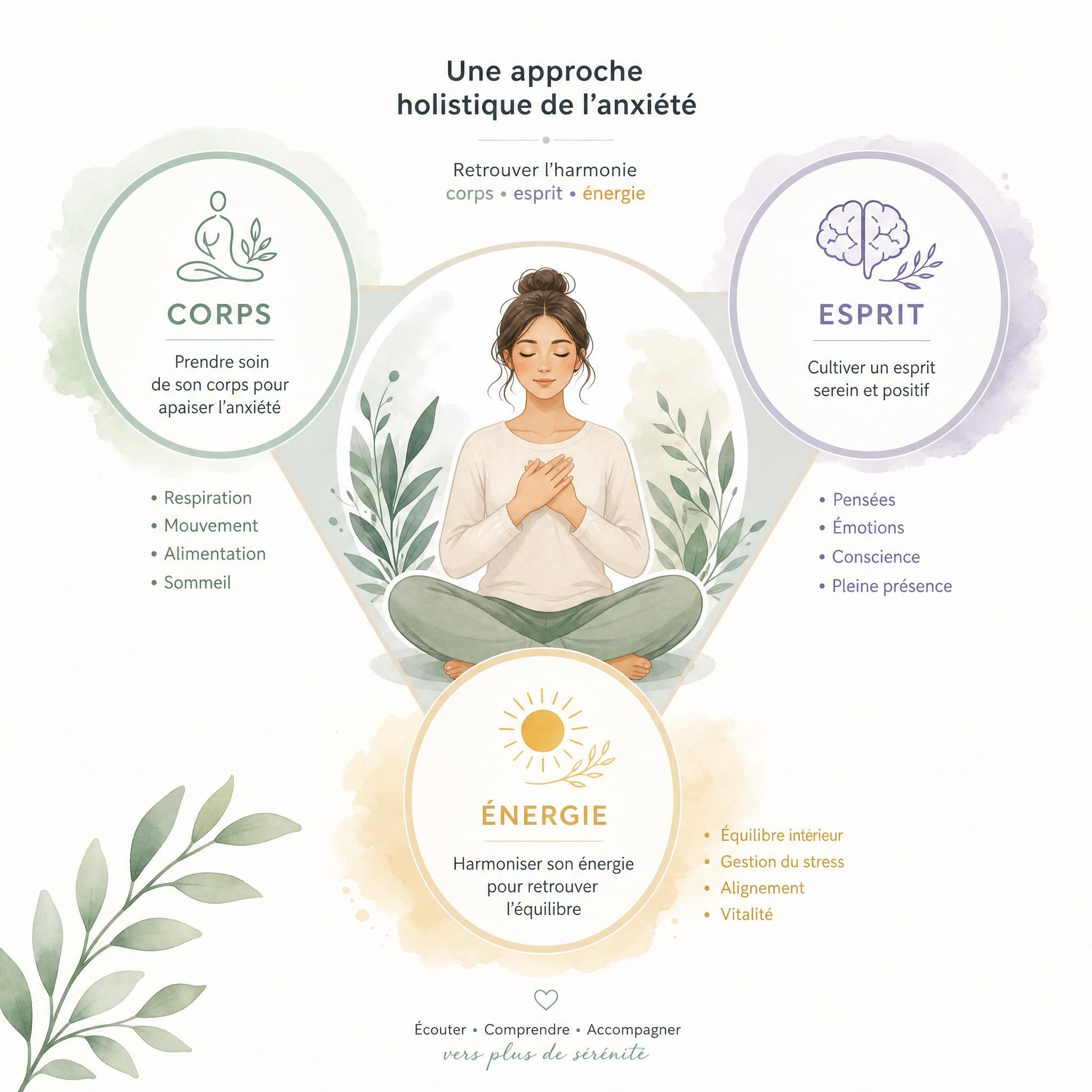 Représentation artistique des trois dimensions corps-esprit-énergie dans l'accompagnement holistique de l'anxiété, avec des couleurs douces et apaisantes