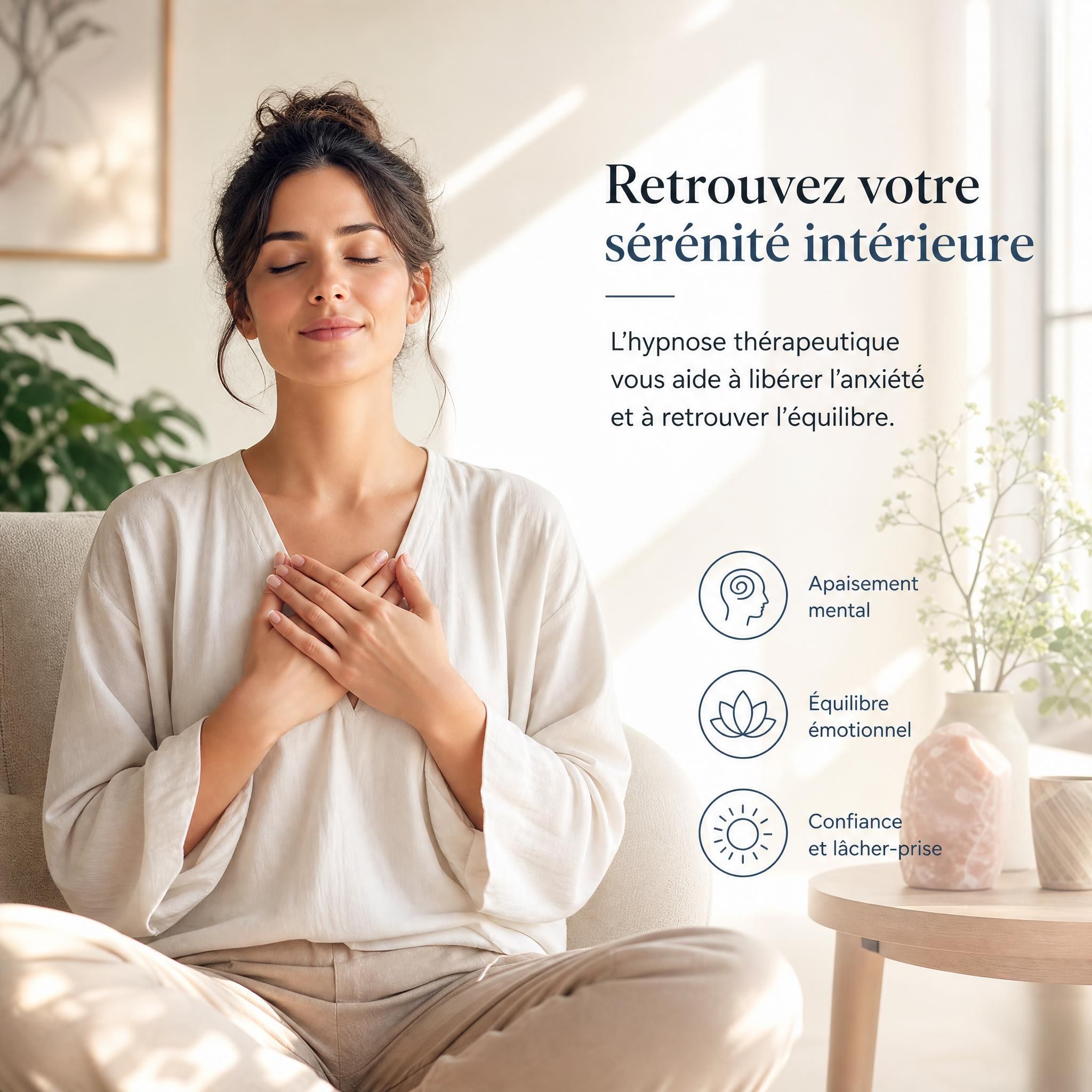 Femme sereine assise dans un espace lumineux, les yeux fermés, symbolisant la paix intérieure et la libération de l'anxiété grâce à l'hypnose thérapeutique