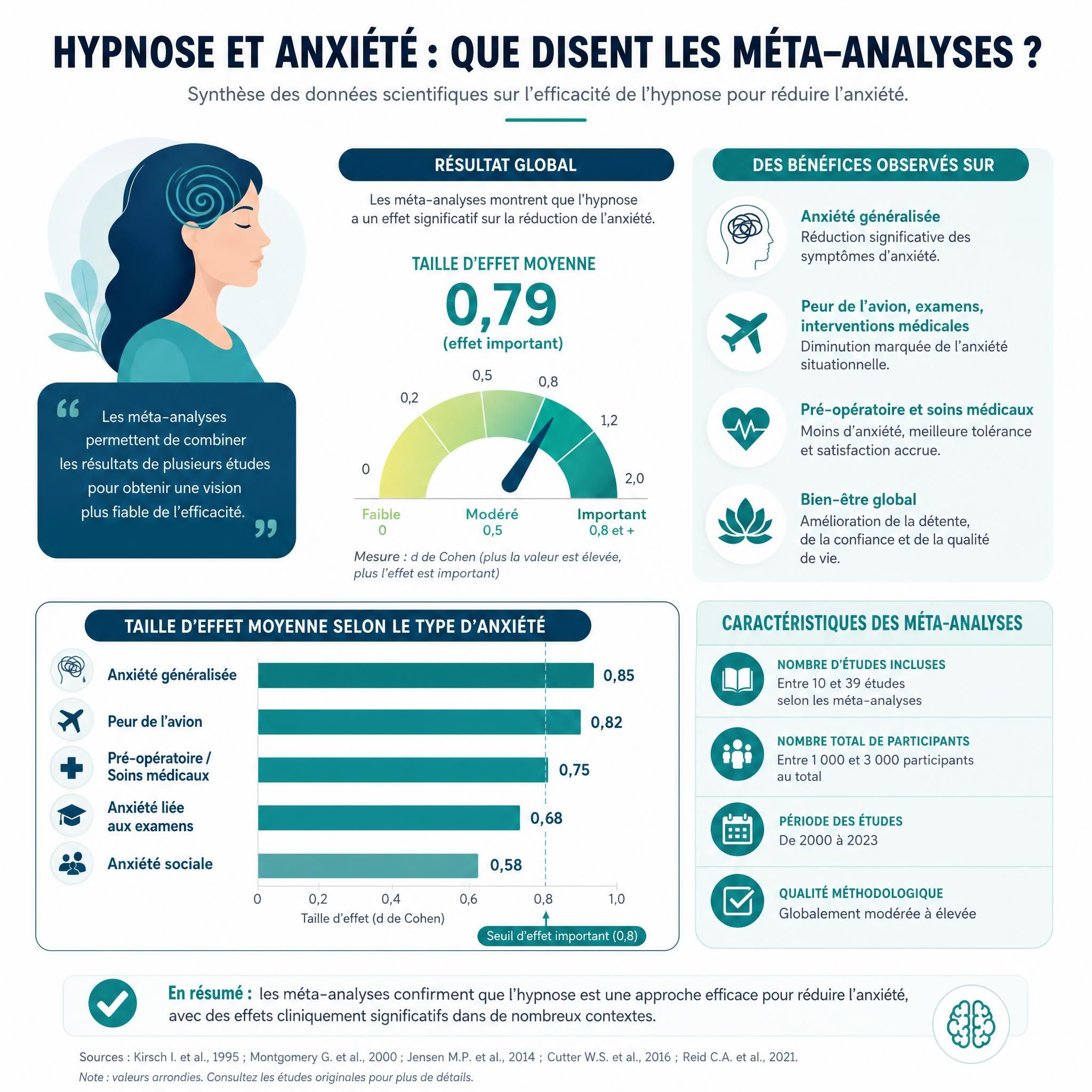 Graphique illustrant les résultats des méta-analyses sur l'hypnose et l'anxiété, style infographie moderne et lisible