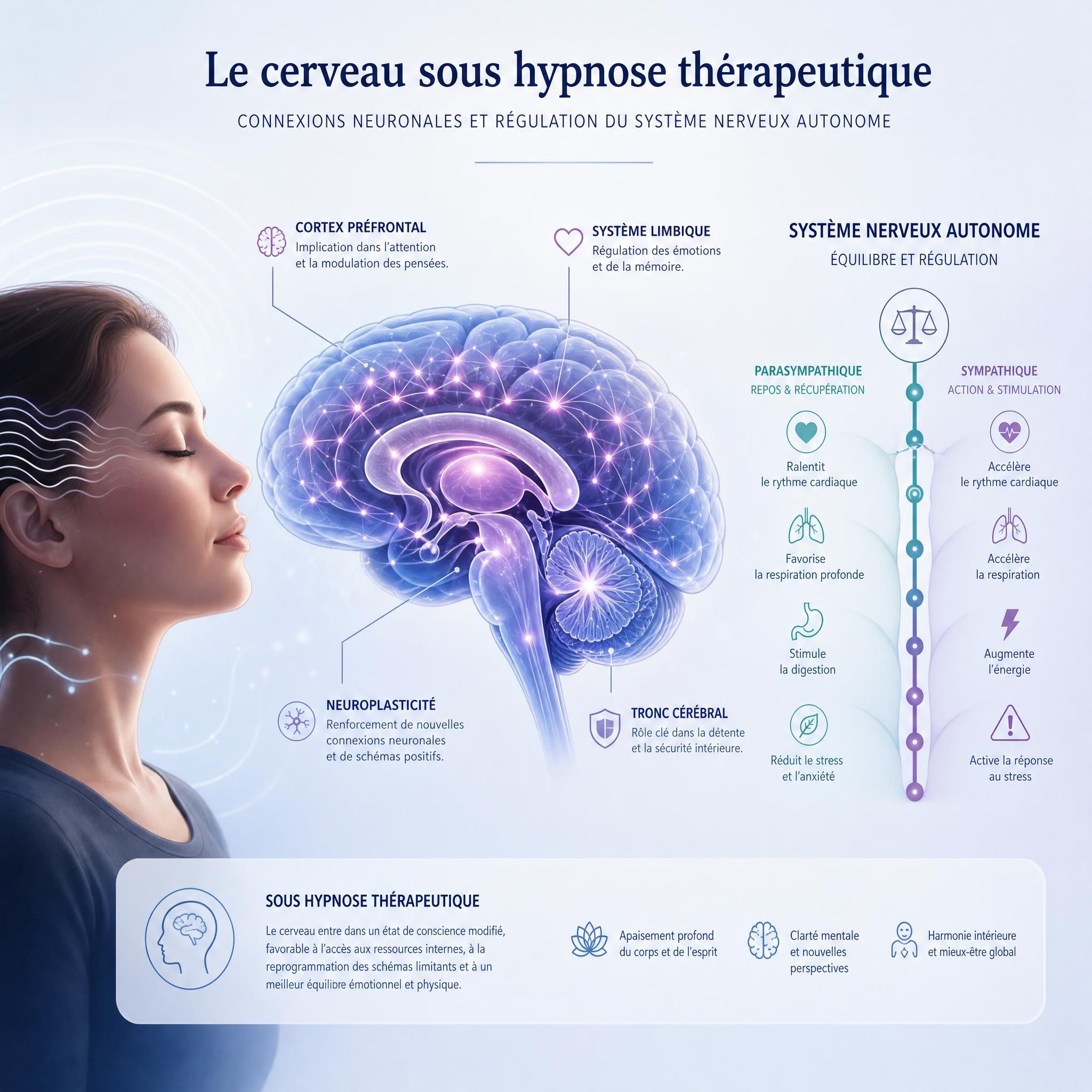 Illustration symbolique du cerveau sous hypnose thérapeutique montrant les connexions neuronales et la régulation du système nerveux autonome