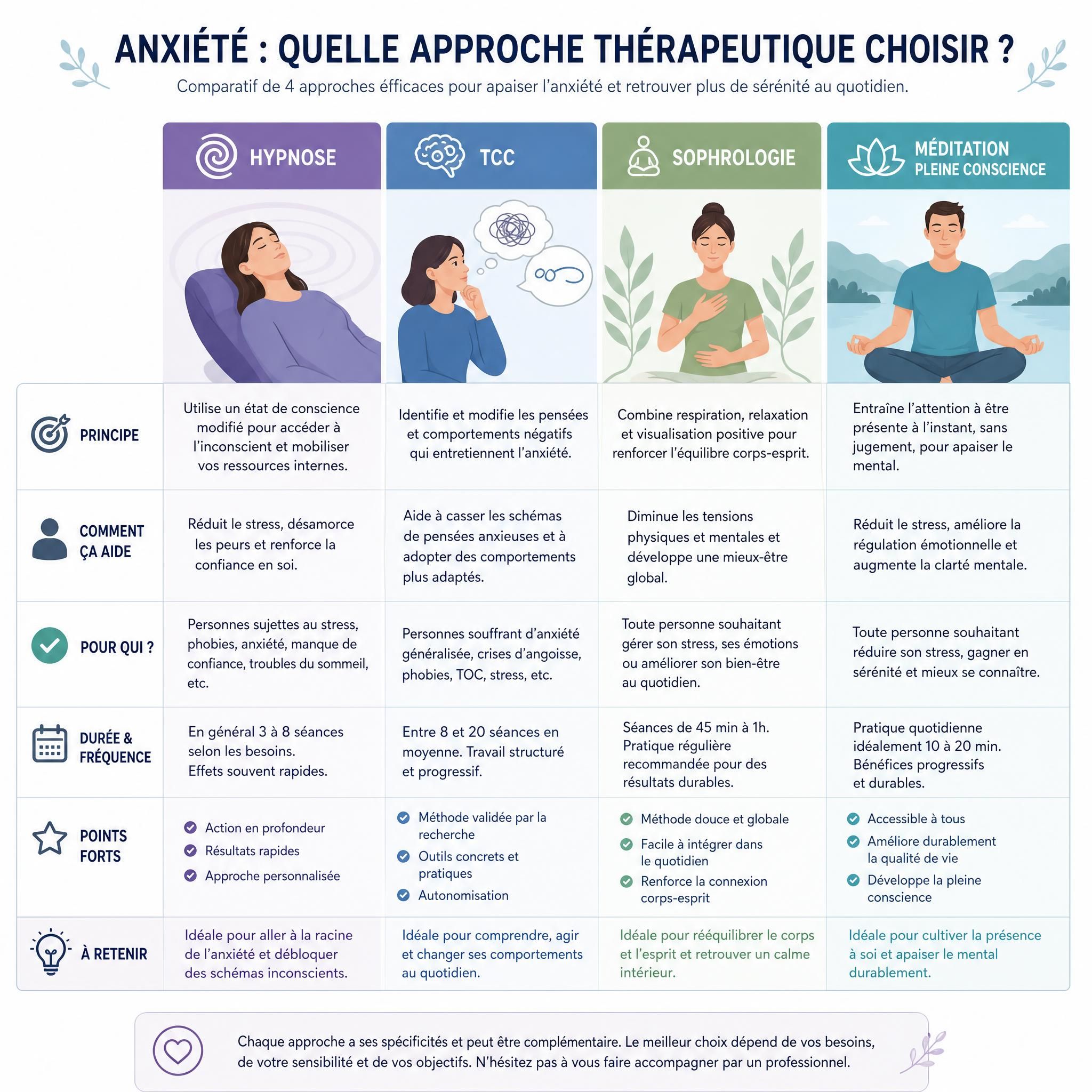 Tableau comparatif illustré des différentes approches thérapeutiques pour l'anxiété - hypnose, TCC, sophrologie, méditation pleine conscience