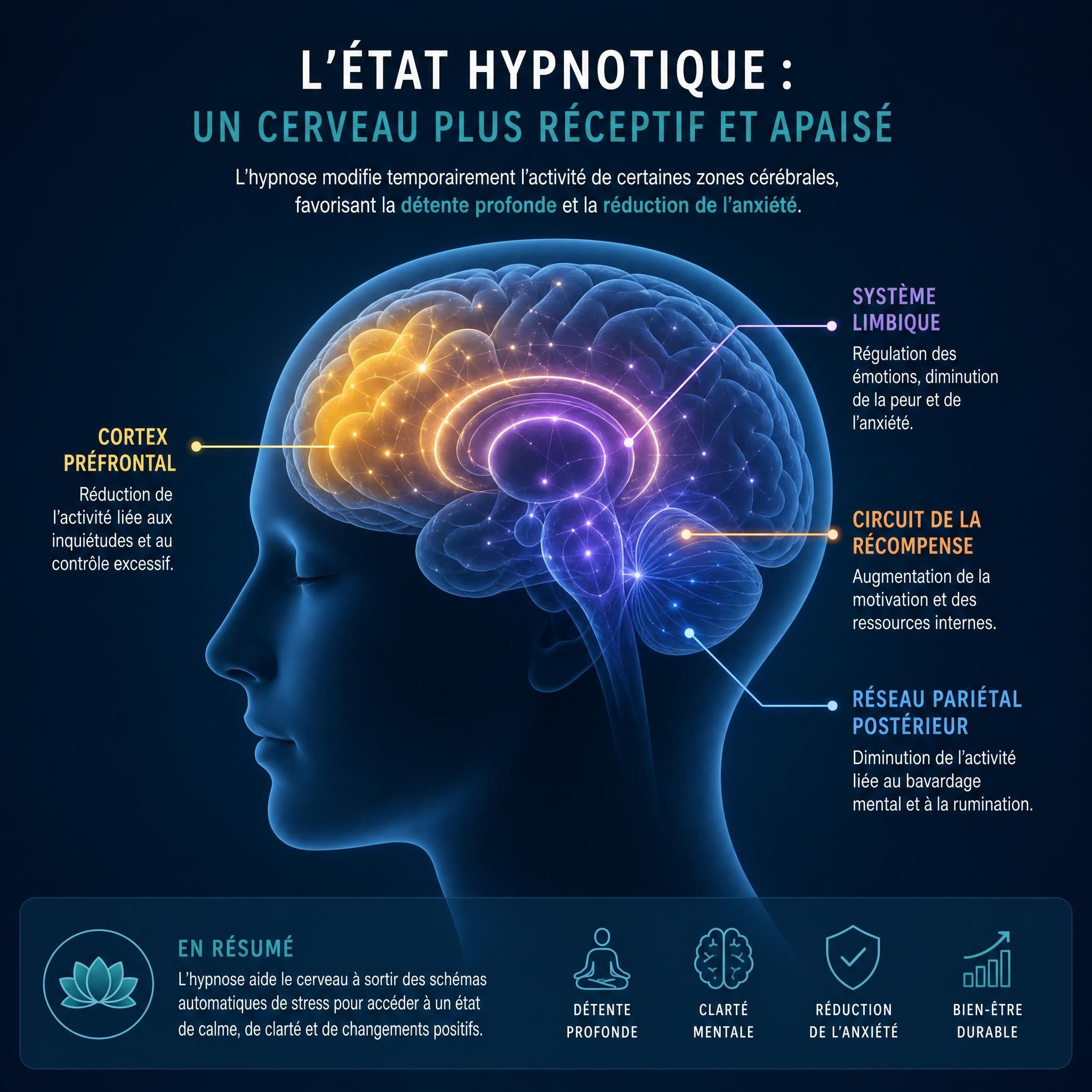 illustration schématique cerveau avec zones lumineuses représentant l'état hypnotique, neurosciences hypnose anxiété