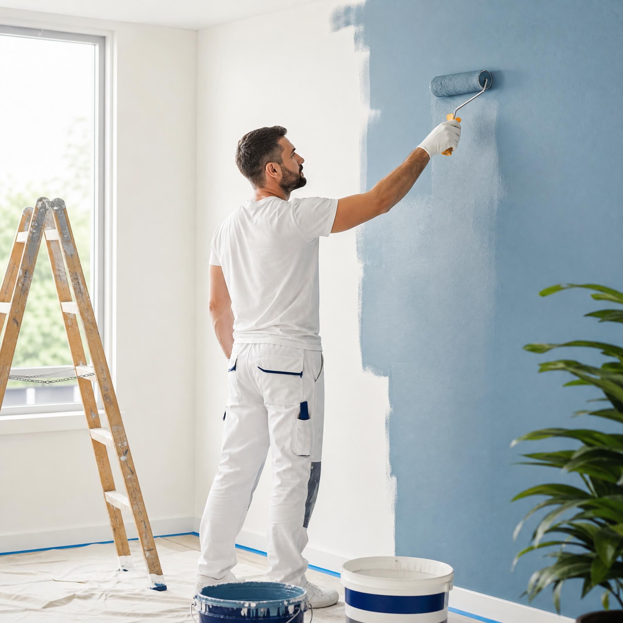 Artisan handyman en train de peindre un mur intérieur avec un rouleau, rénovation maison professionnelle