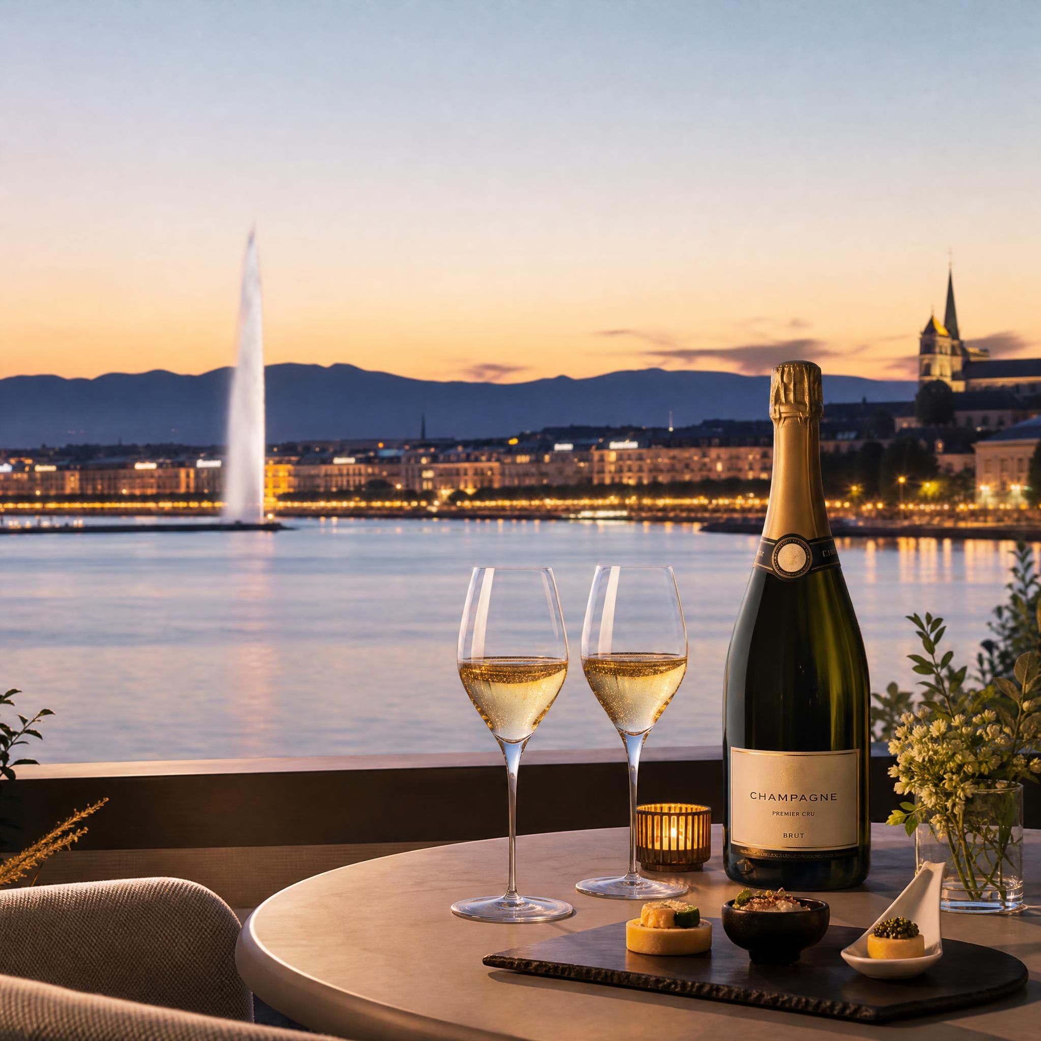 Genève lac Léman en soirée, ambiance dégustation champagne premium avec vue sur le lac, atmosphère raffinée et conviviale