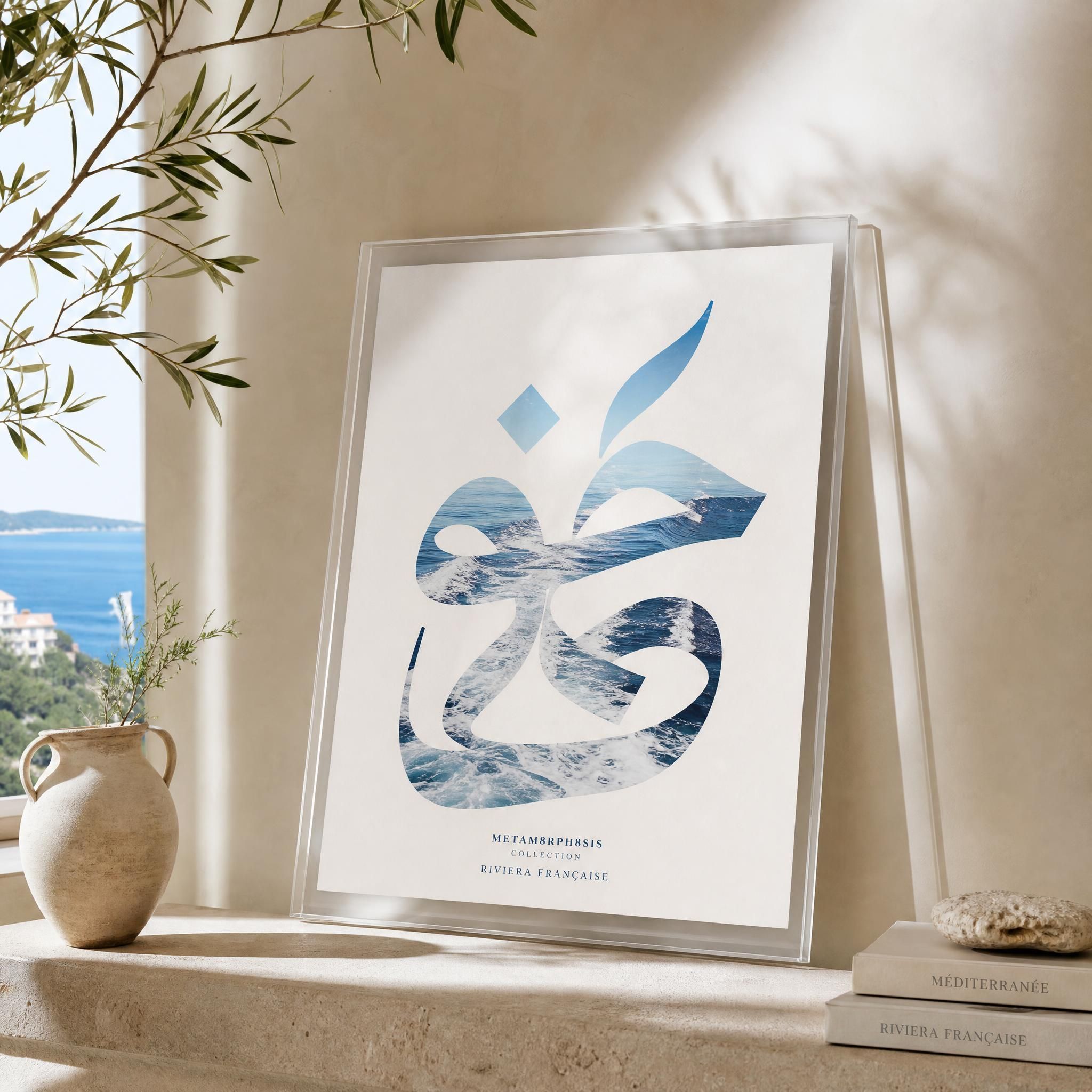Mediterranean light falling on a calligraphy artwork — letters composed from sea photographs, plexiglas print, Riviera Française, Metam8rph8sis collection