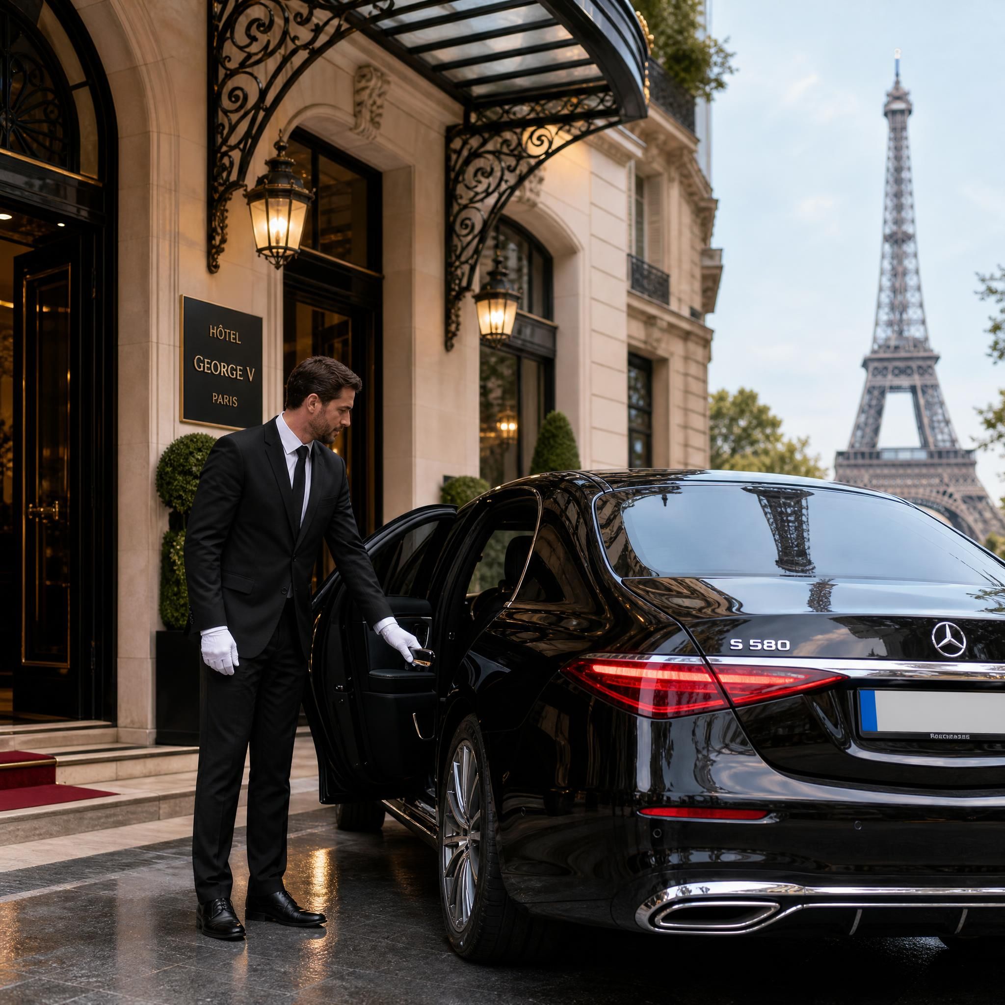 Chauffeur professionnel en costume noir ouvrant la portière d'une Mercedes Classe S noire devant un hôtel de luxe parisien, reflet de la Tour Eiffel