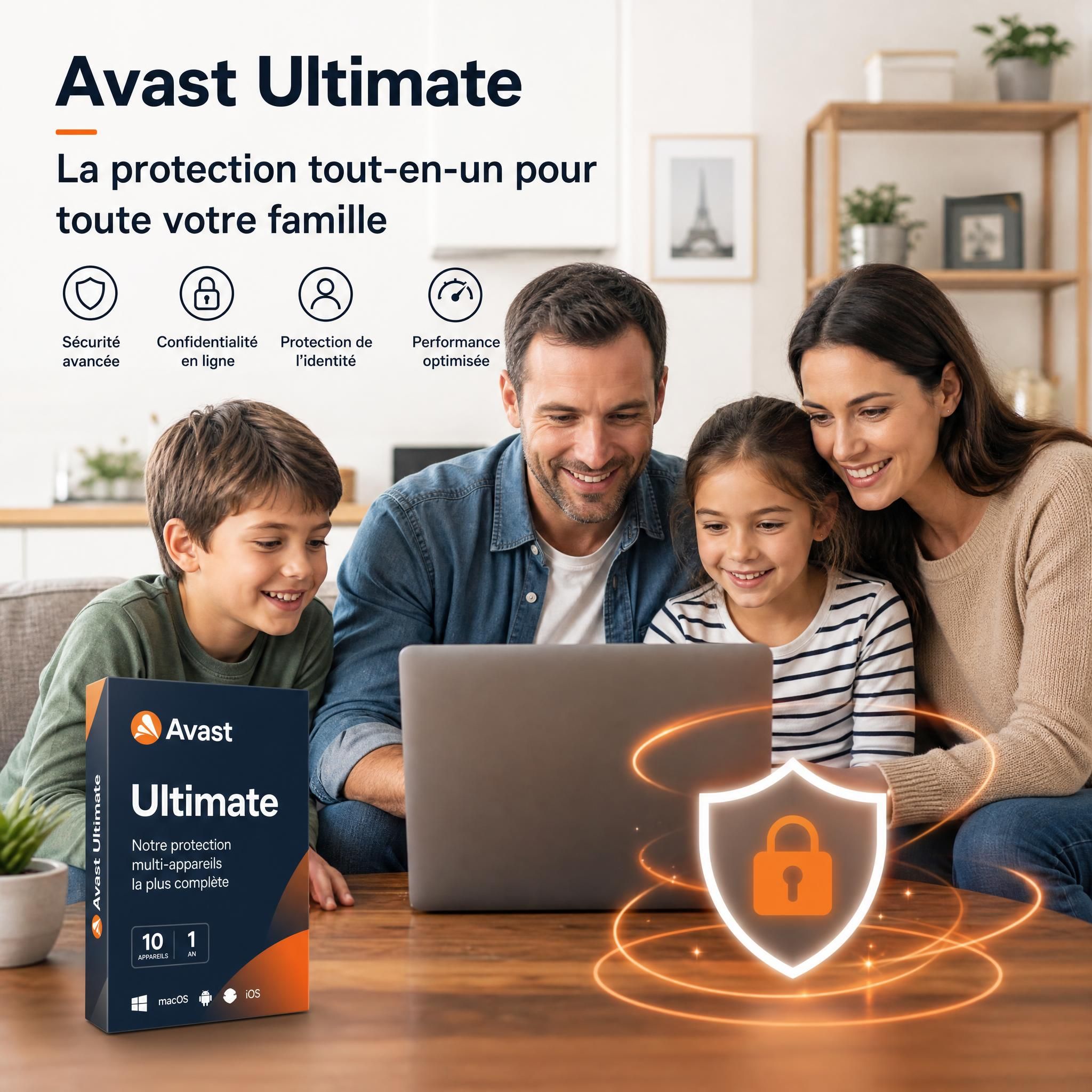 Famille française utilisant un ordinateur en toute sécurité grâce à Avast Ultimate, protection numérique tout-en-un