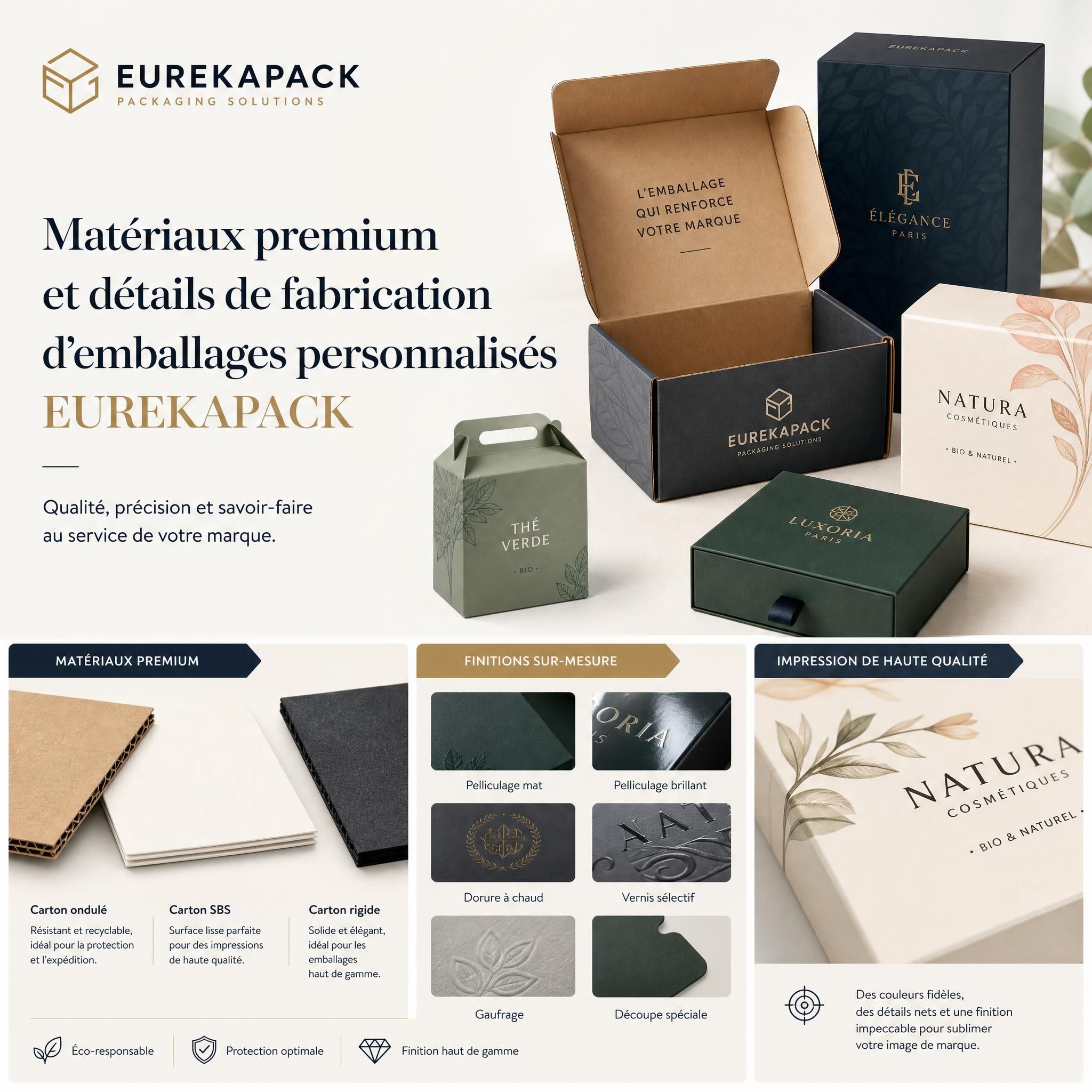 Matériaux premium et détails de fabrication d'emballages personnalisés EUREKAPACK — carton, finitions, impression
