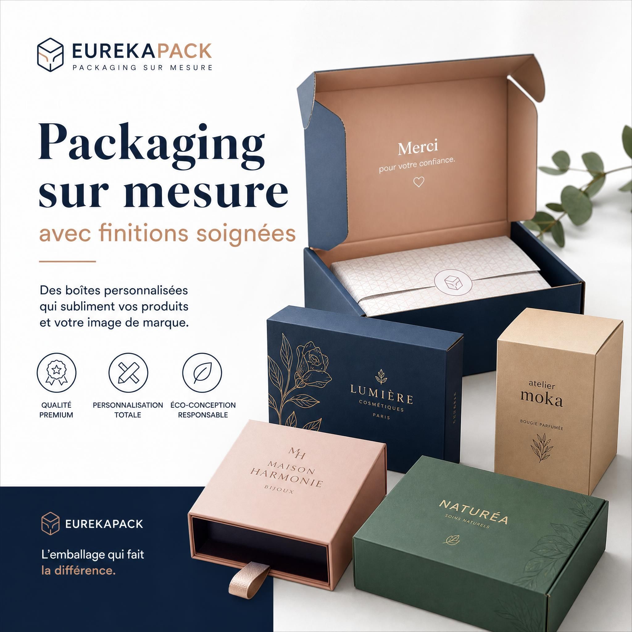 Packaging sur mesure avec finitions soignées — boîtes personnalisées EUREKAPACK pour marques et e-commerçants