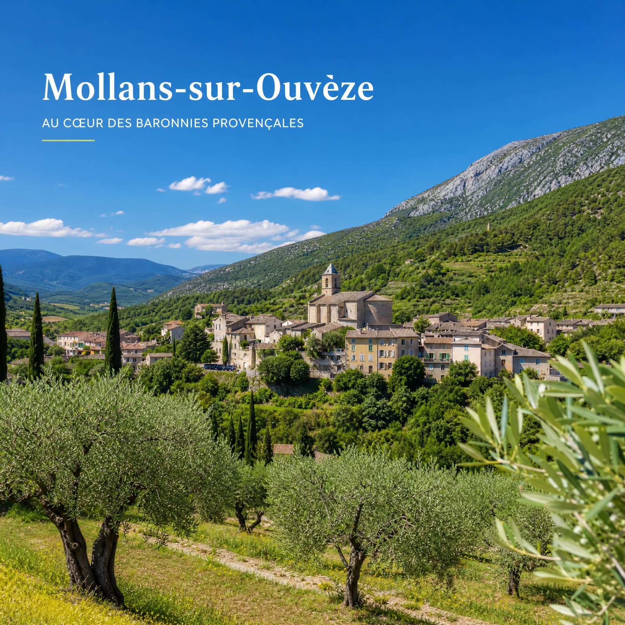 Paysage de Mollans-sur-Ouvèze au cœur des Baronnies provençales, collines verdoyantes, oliviers et ciel bleu provençal
